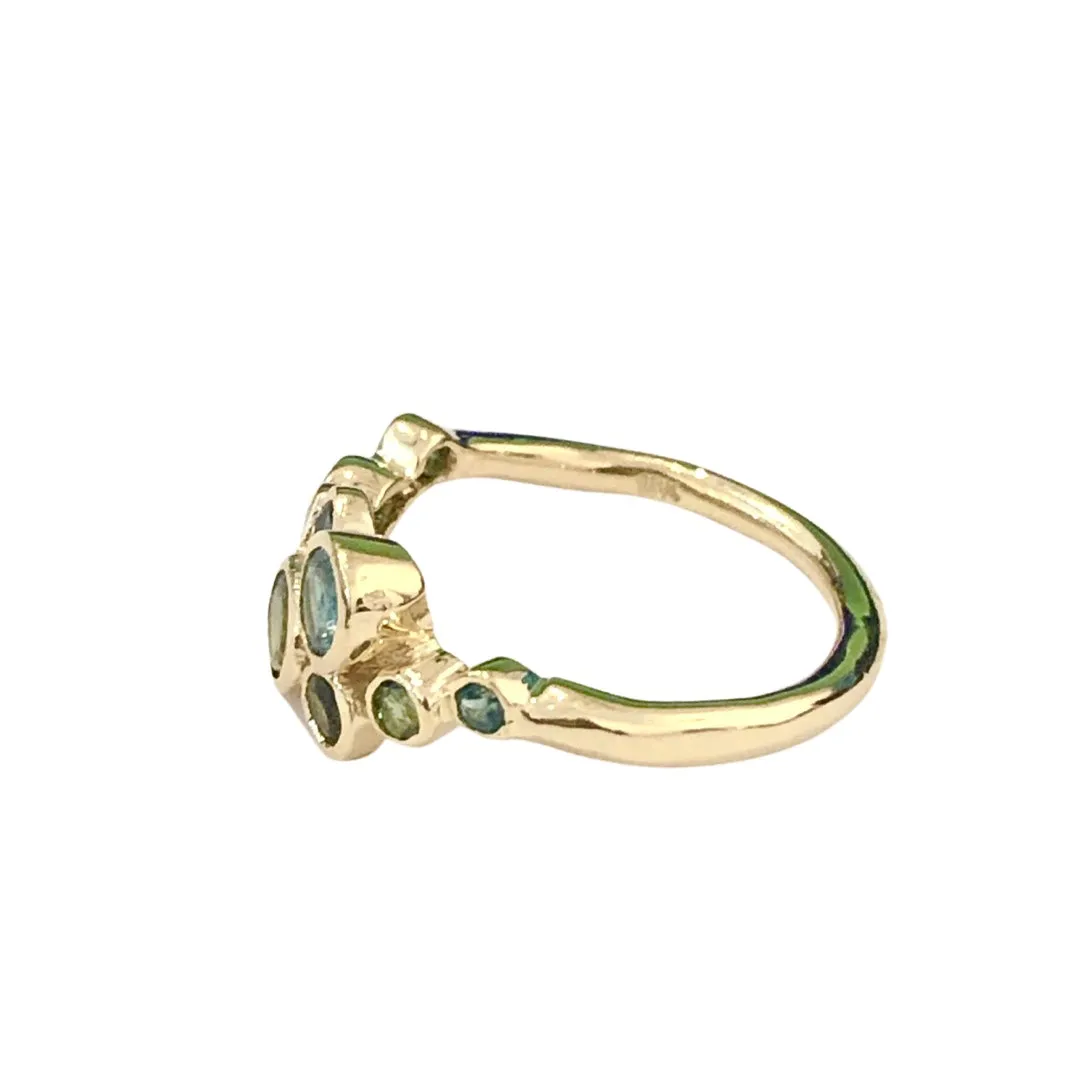 18K Yellow Gold Bezel-set Cluster Green and Blue Tourmaline Ring