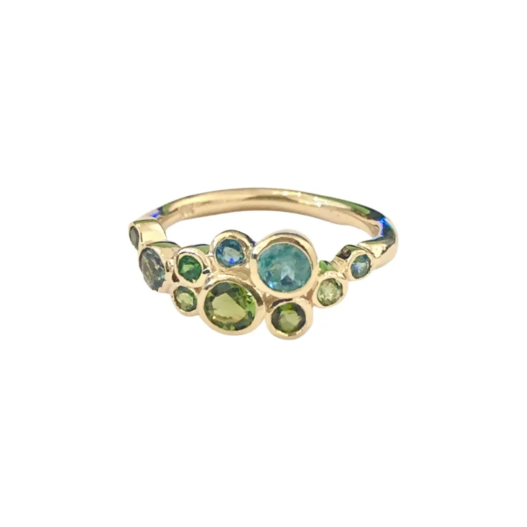 18K Yellow Gold Bezel-set Cluster Green and Blue Tourmaline Ring