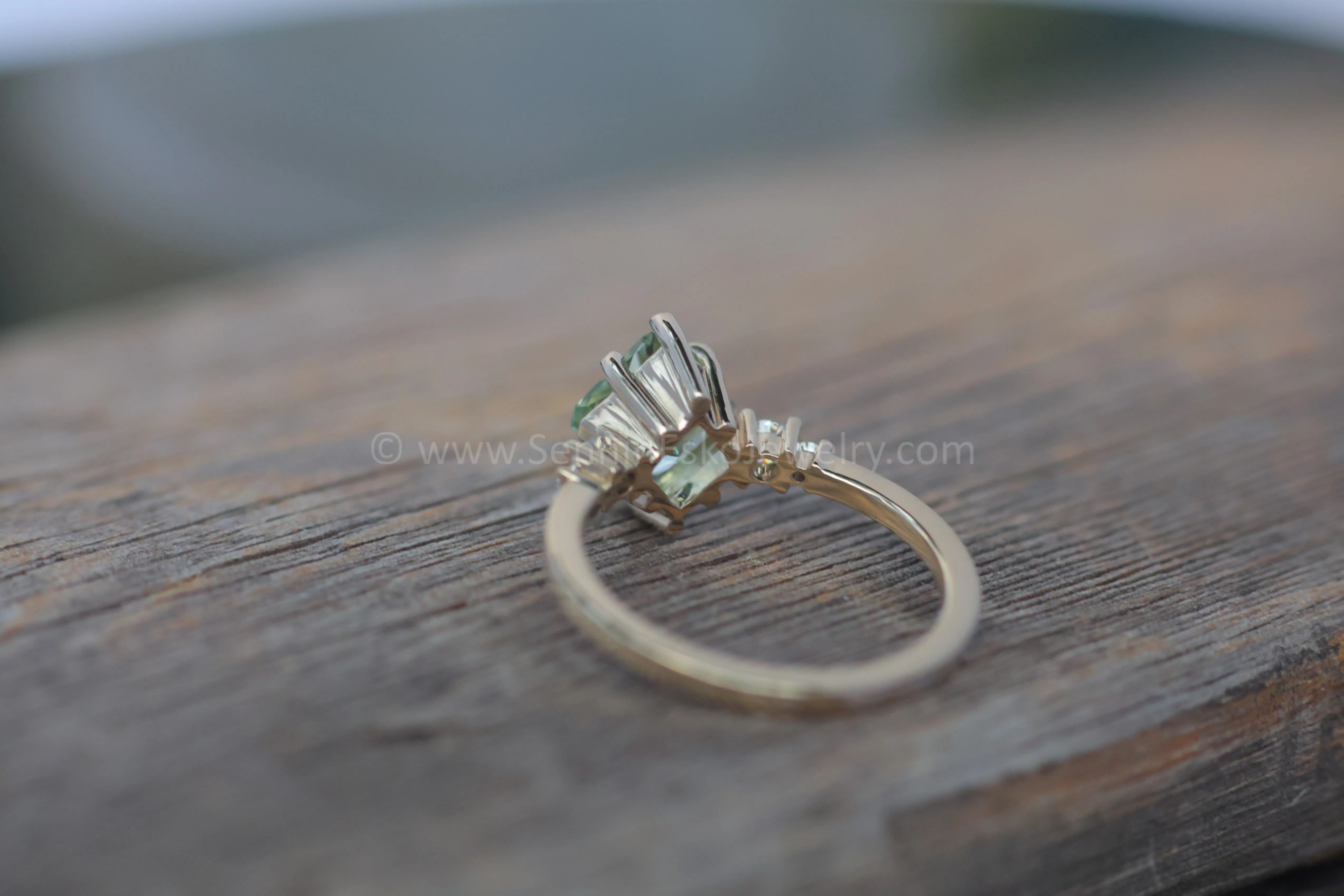 18kt Gold Five Stone Diamond Accented Multi Prong Setting - Depicted with a Mint Tourmaline (Setting Only, Center Stone Sold Separately)