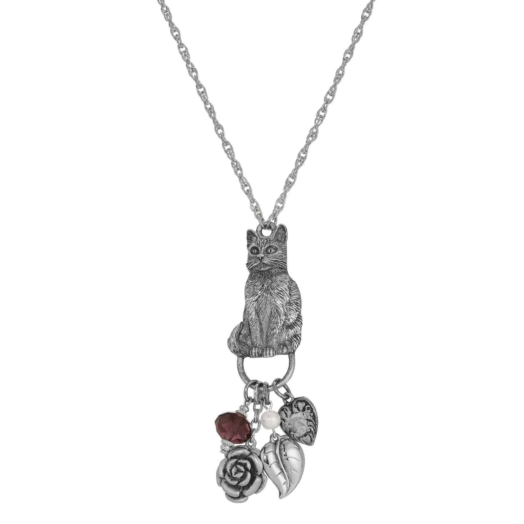 1928 Jewelry Sitting Cat Pendant & Charms Necklace 28"