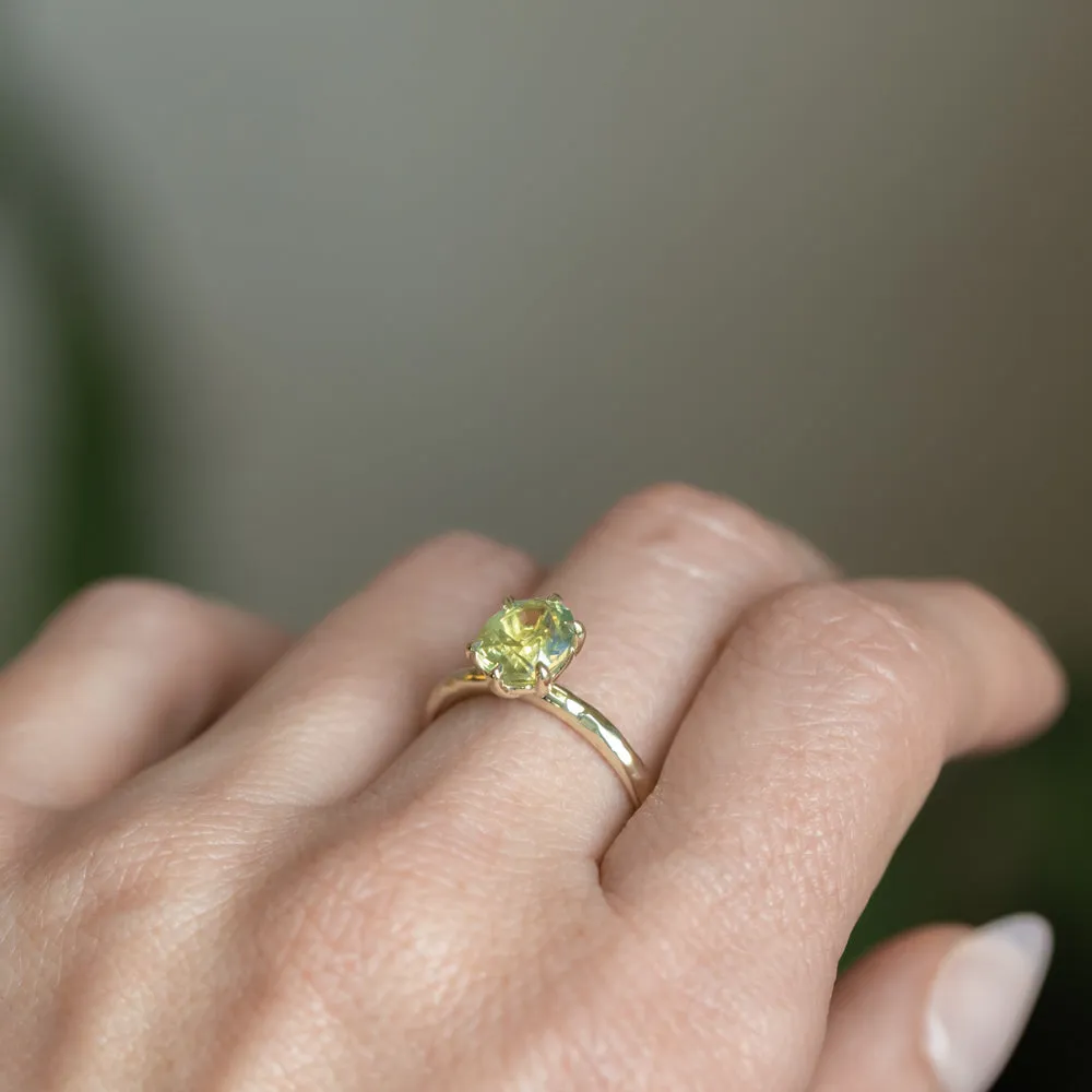 1.95ct Oval Yellow-Green Untreated Parti Nigerian Oval Sapphire Six Prong Evergreen Solitaire in 14k Green Gold