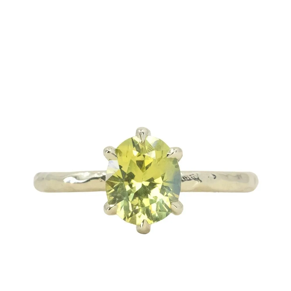 1.95ct Oval Yellow-Green Untreated Parti Nigerian Oval Sapphire Six Prong Evergreen Solitaire in 14k Green Gold