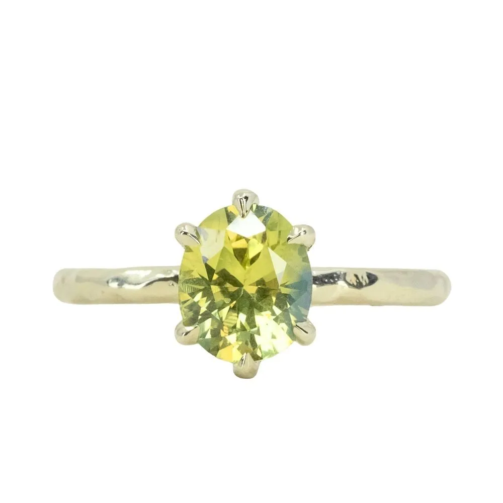 1.95ct Oval Yellow-Green Untreated Parti Nigerian Oval Sapphire Six Prong Evergreen Solitaire in 14k Green Gold