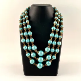 1960s Three Strand Aqua Bead Necklace