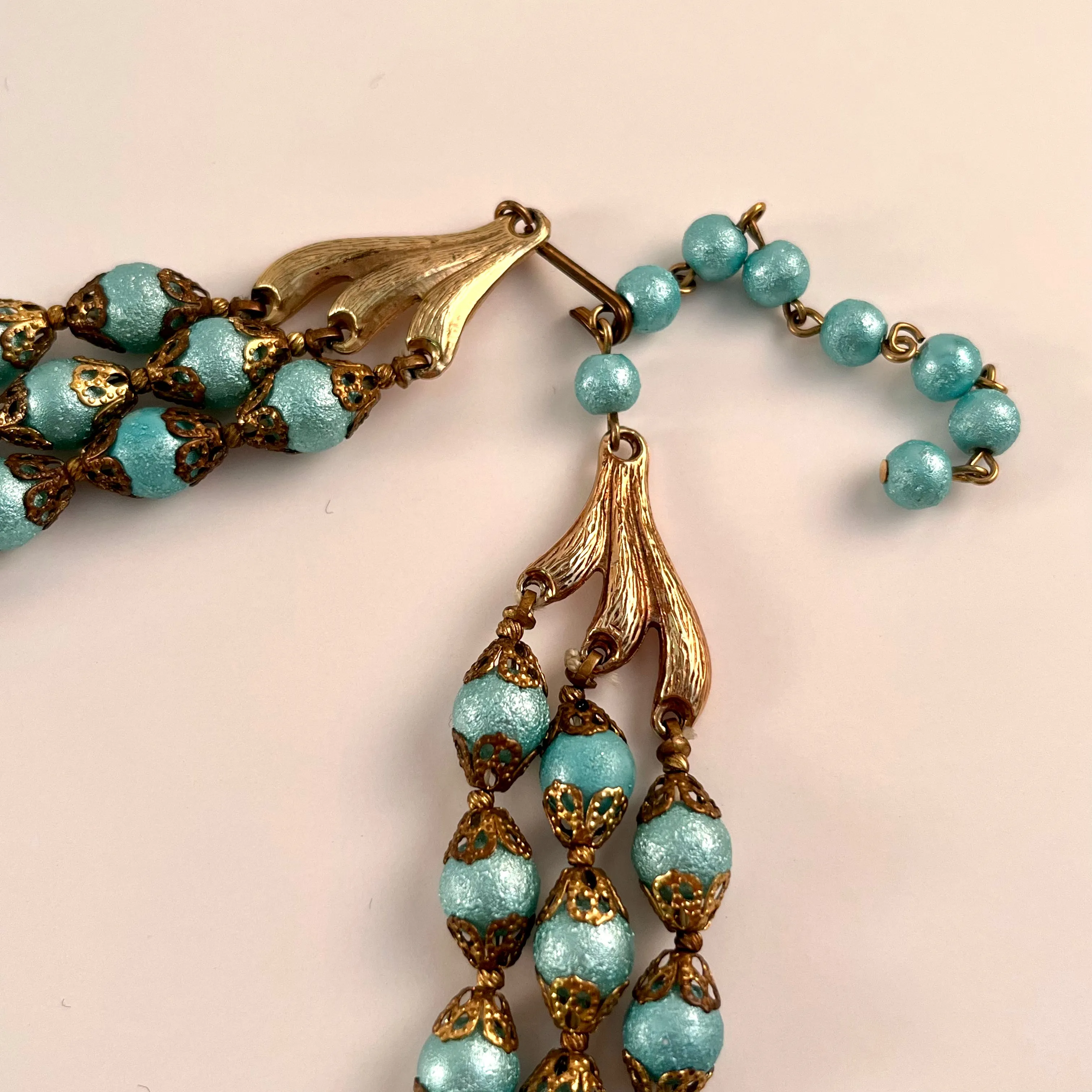 1960s Three Strand Aqua Bead Necklace