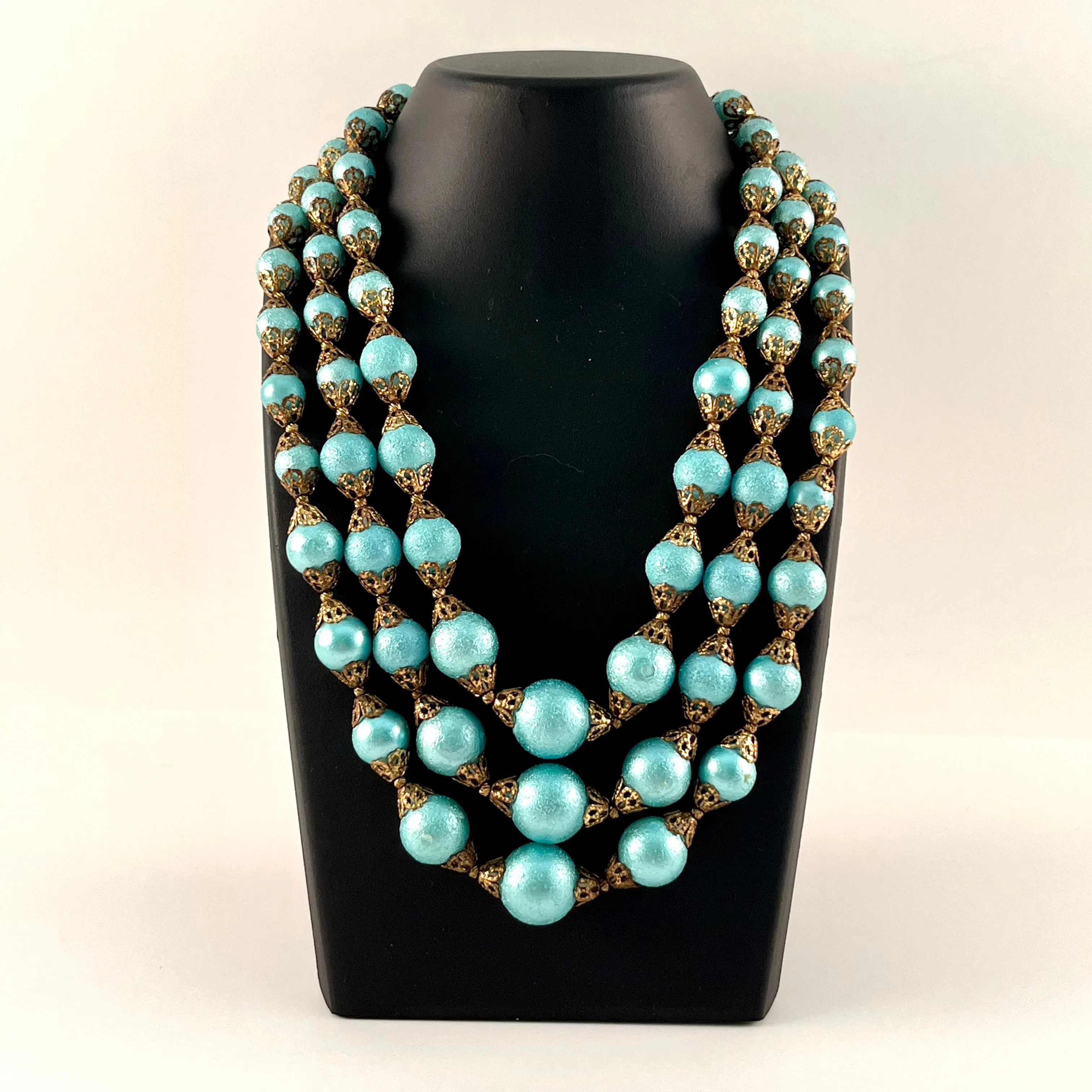 1960s Three Strand Aqua Bead Necklace