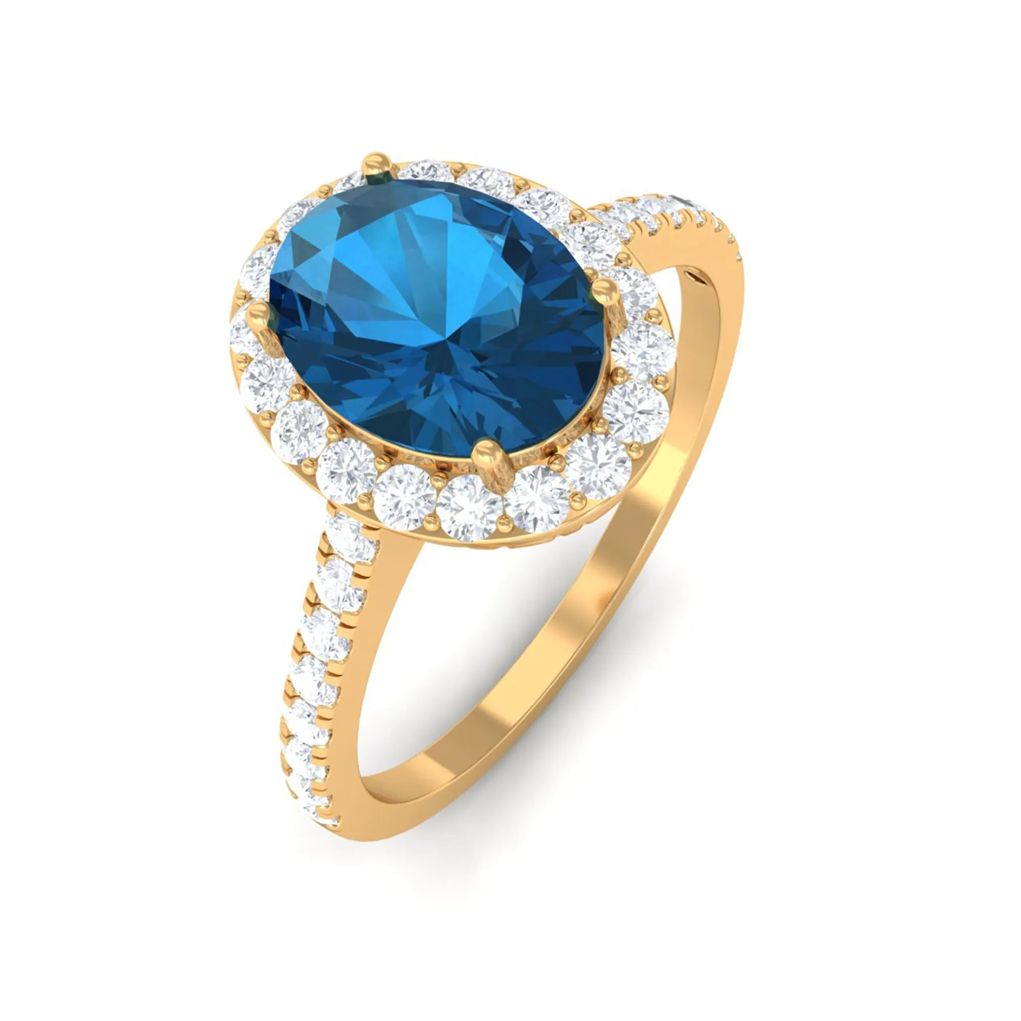 2 CT Oval Cut London Blue Topaz Solitaire Ring with Diamond Halo