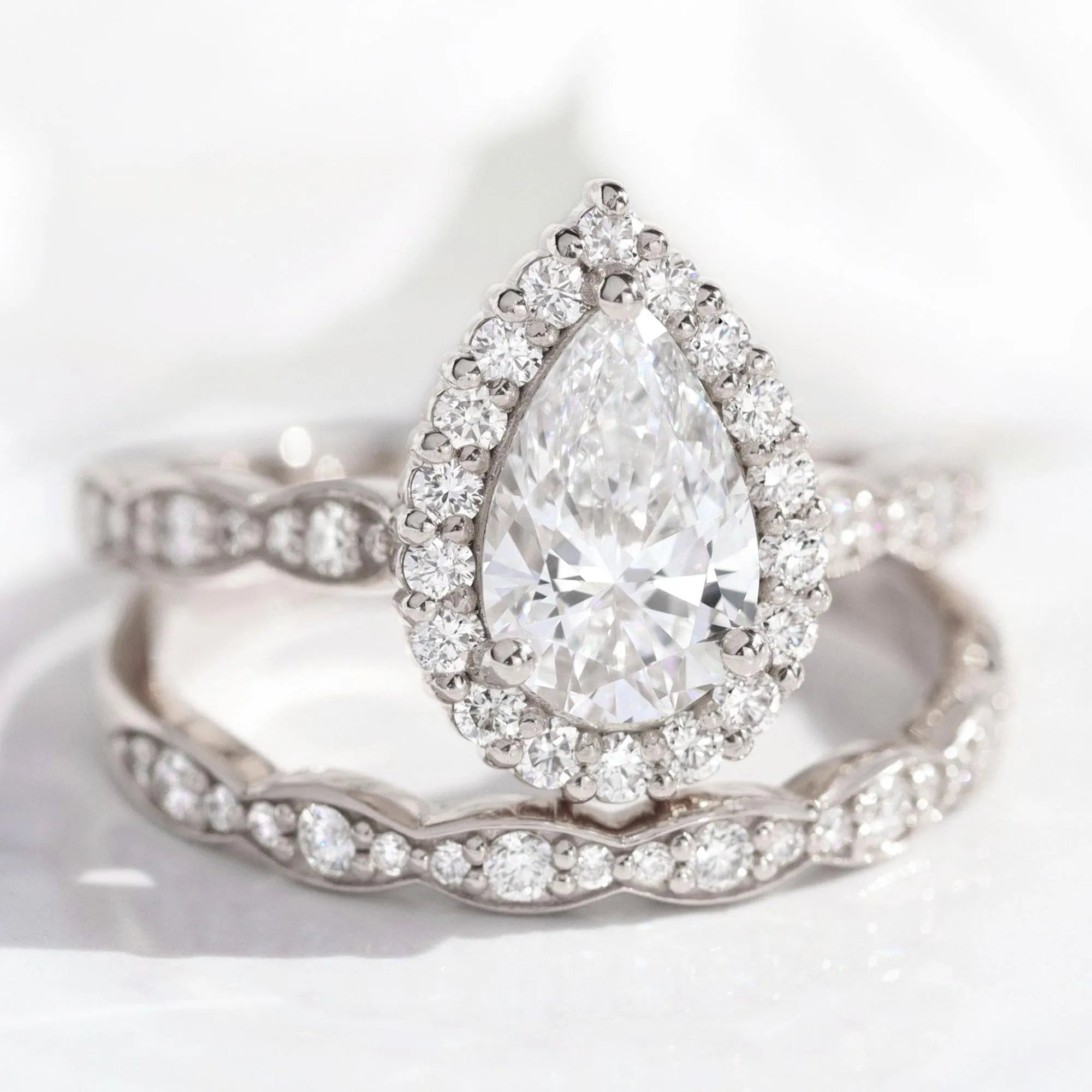 2 Ct Pear Diamond Halo Ring Set w/ Lab Diamond and Matching Wedding Band