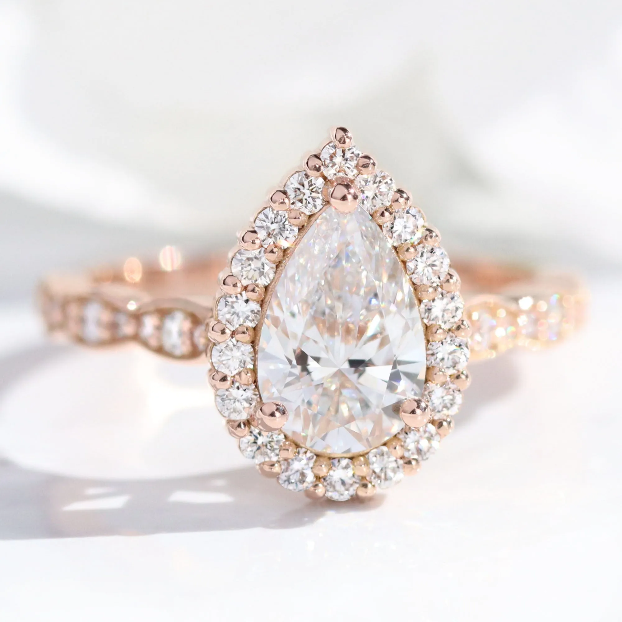 2 Ct Pear Diamond Halo Ring Set w/ Lab Diamond and Matching Wedding Band