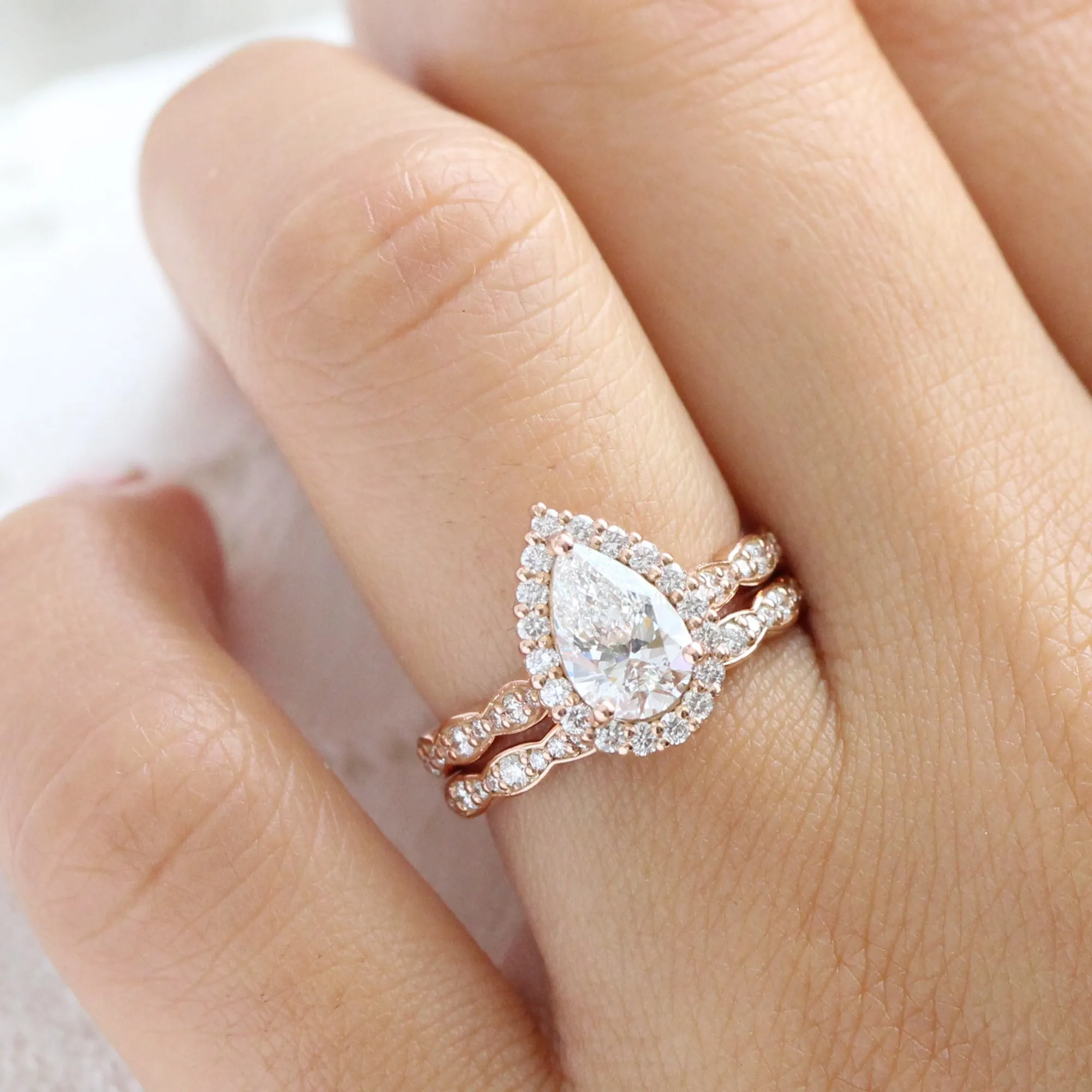 2 Ct Pear Diamond Halo Ring Set w/ Lab Diamond and Matching Wedding Band