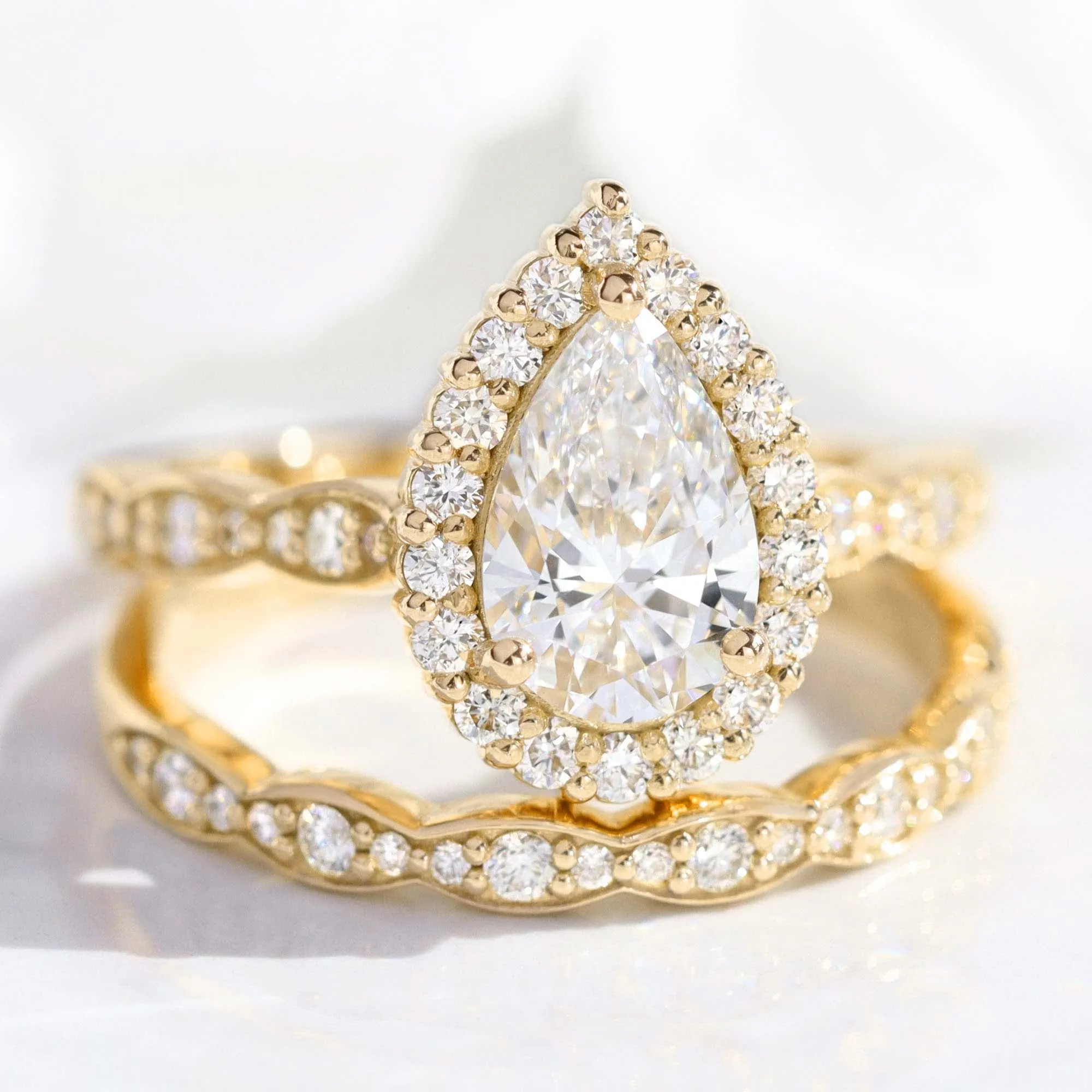 2 Ct Pear Diamond Halo Ring Set w/ Lab Diamond and Matching Wedding Band