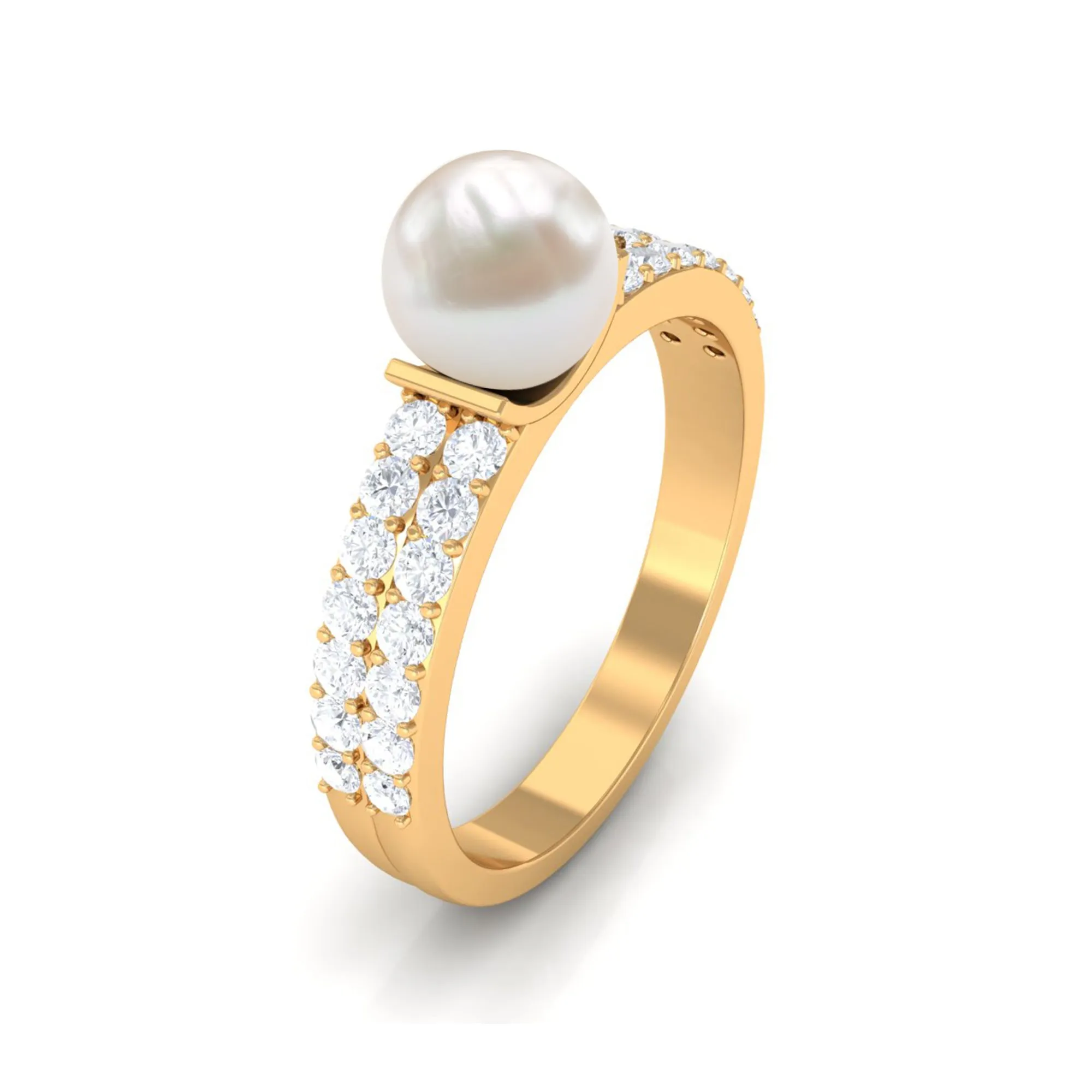 3 CT Freshwater Pearl Engagement Ring with Diamond Side Stones