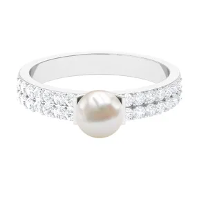 3 CT Freshwater Pearl Engagement Ring with Diamond Side Stones