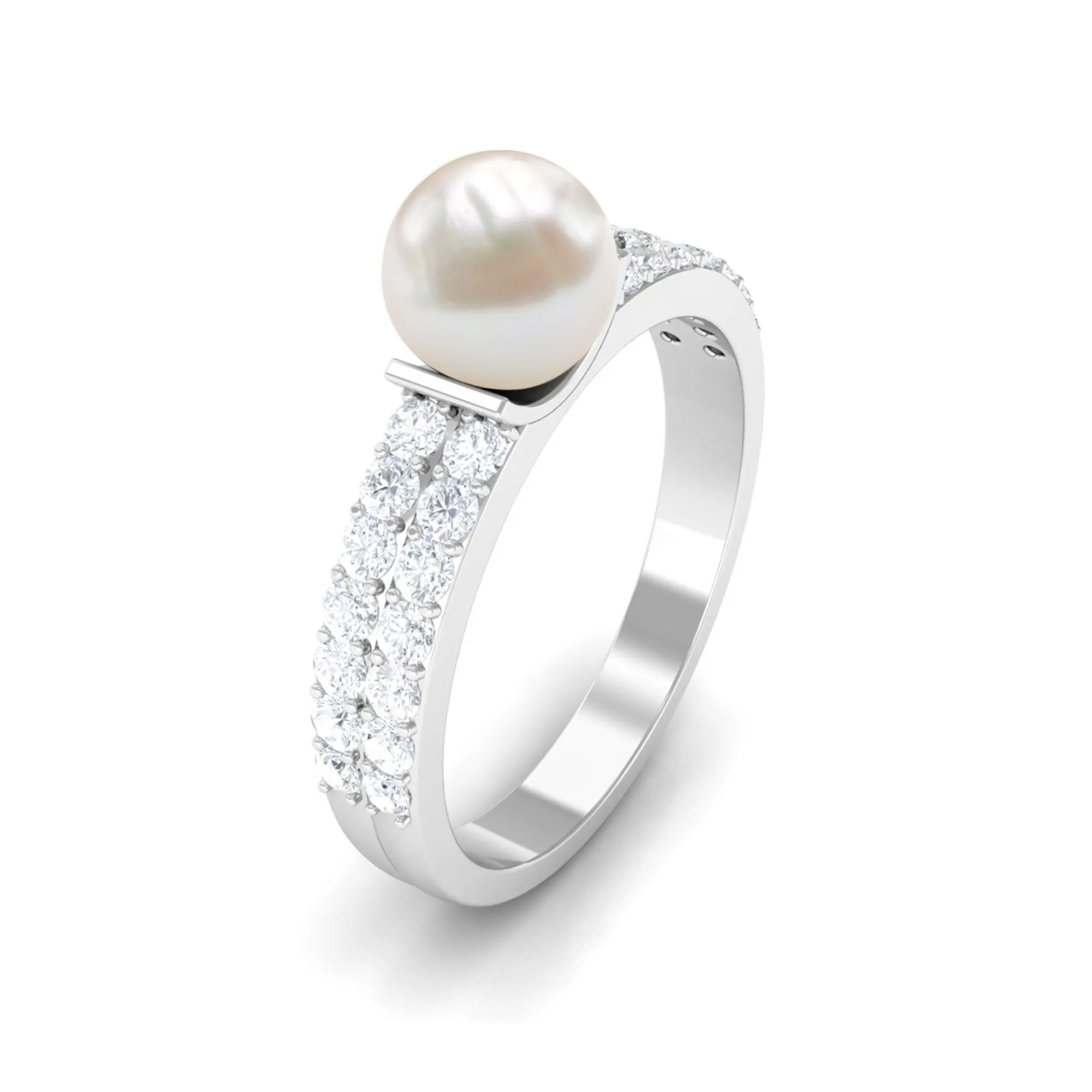 3 CT Freshwater Pearl Engagement Ring with Diamond Side Stones