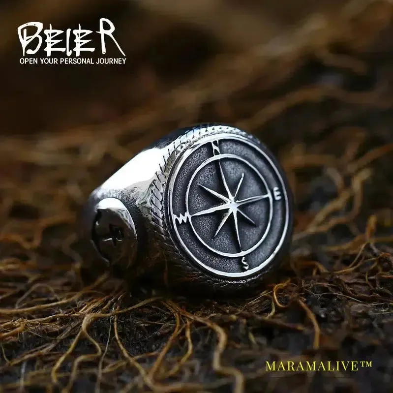 316L Stainless Steel Viking Cross Compass Runic Pirate Men's Ring Nautical Fashion Jewelry