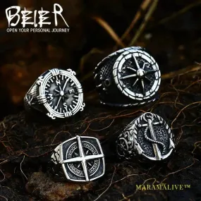 316L Stainless Steel Viking Cross Compass Runic Pirate Men's Ring Nautical Fashion Jewelry