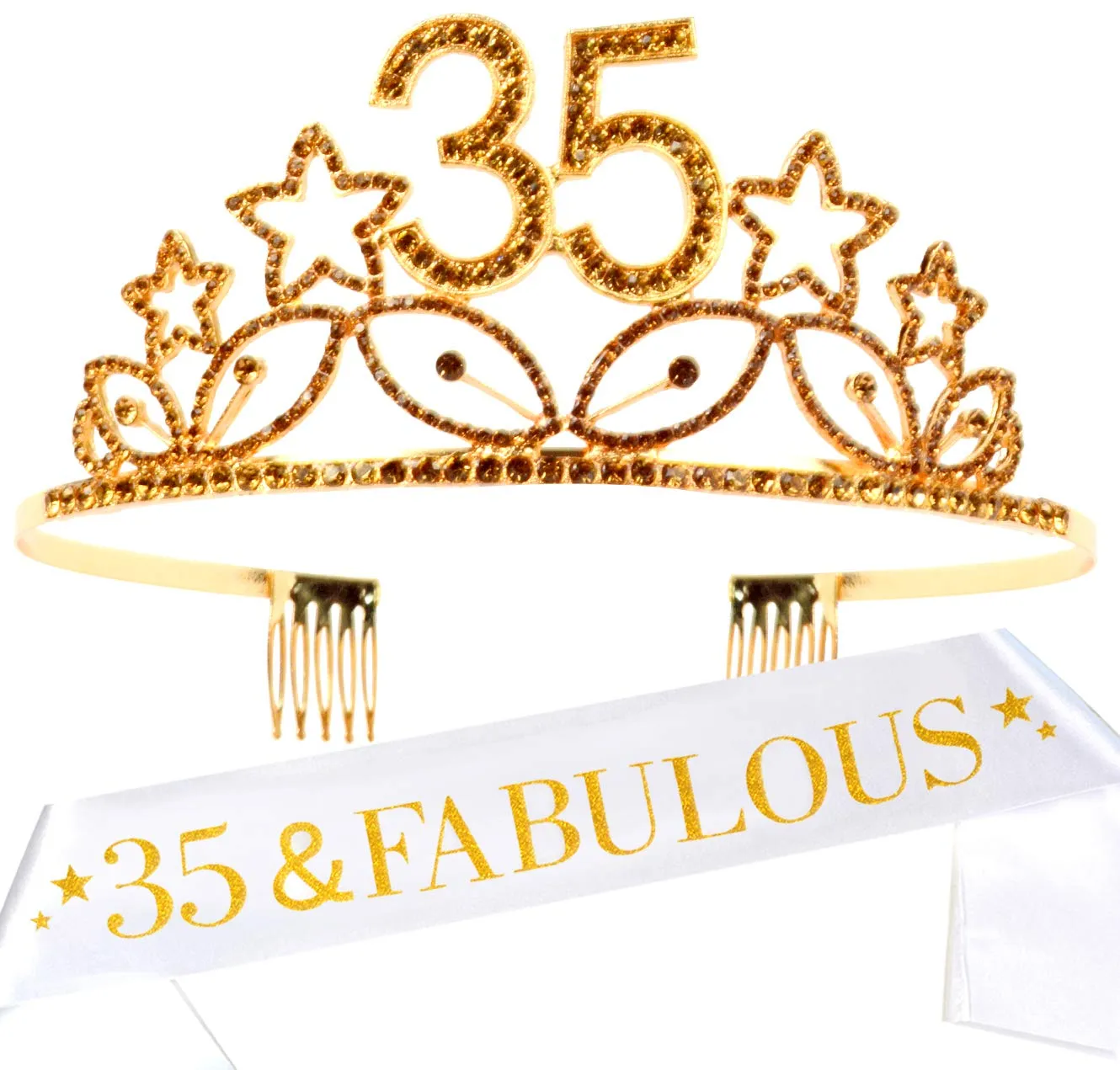 35th Birthday Gifts for Woman, 35th Birthday Tiara and Sash Gold, HAPPY 35th Birthday