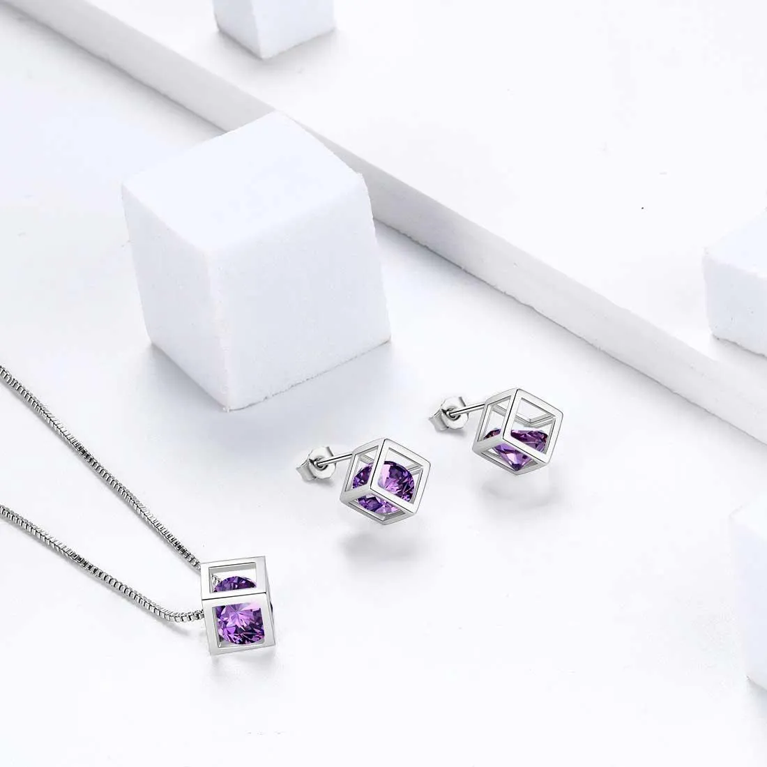 3D Cube Birthstone February Amethyst Jewelry Set 3PCS Women Girls Birthday Gift