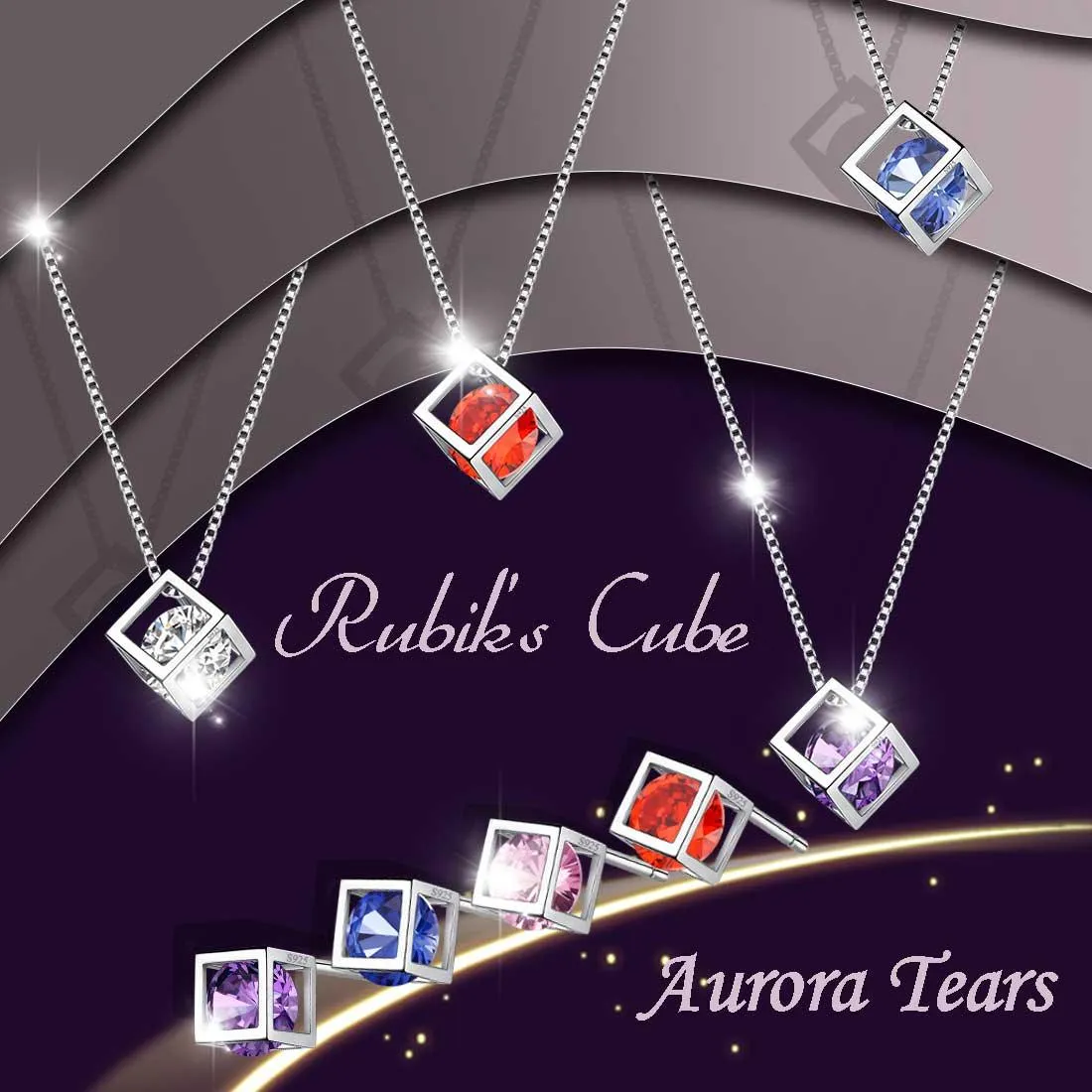 3D Cube Birthstone February Amethyst Jewelry Set 3PCS Women Girls Birthday Gift