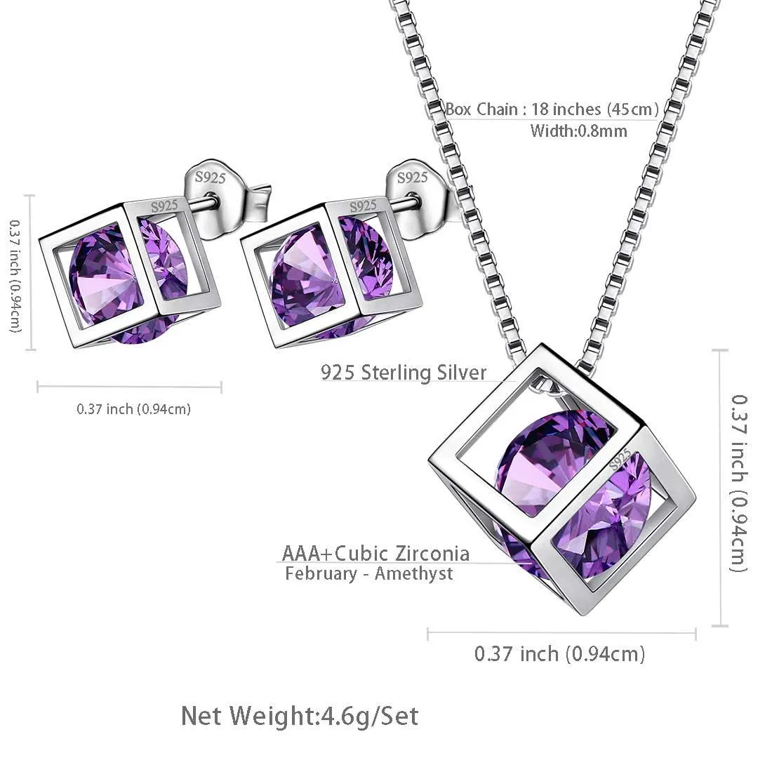 3D Cube Birthstone February Amethyst Jewelry Set 3PCS Women Girls Birthday Gift