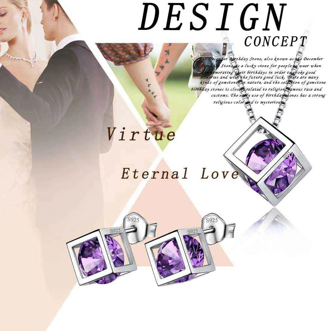 3D Cube Birthstone February Amethyst Jewelry Set 3PCS Women Girls Birthday Gift