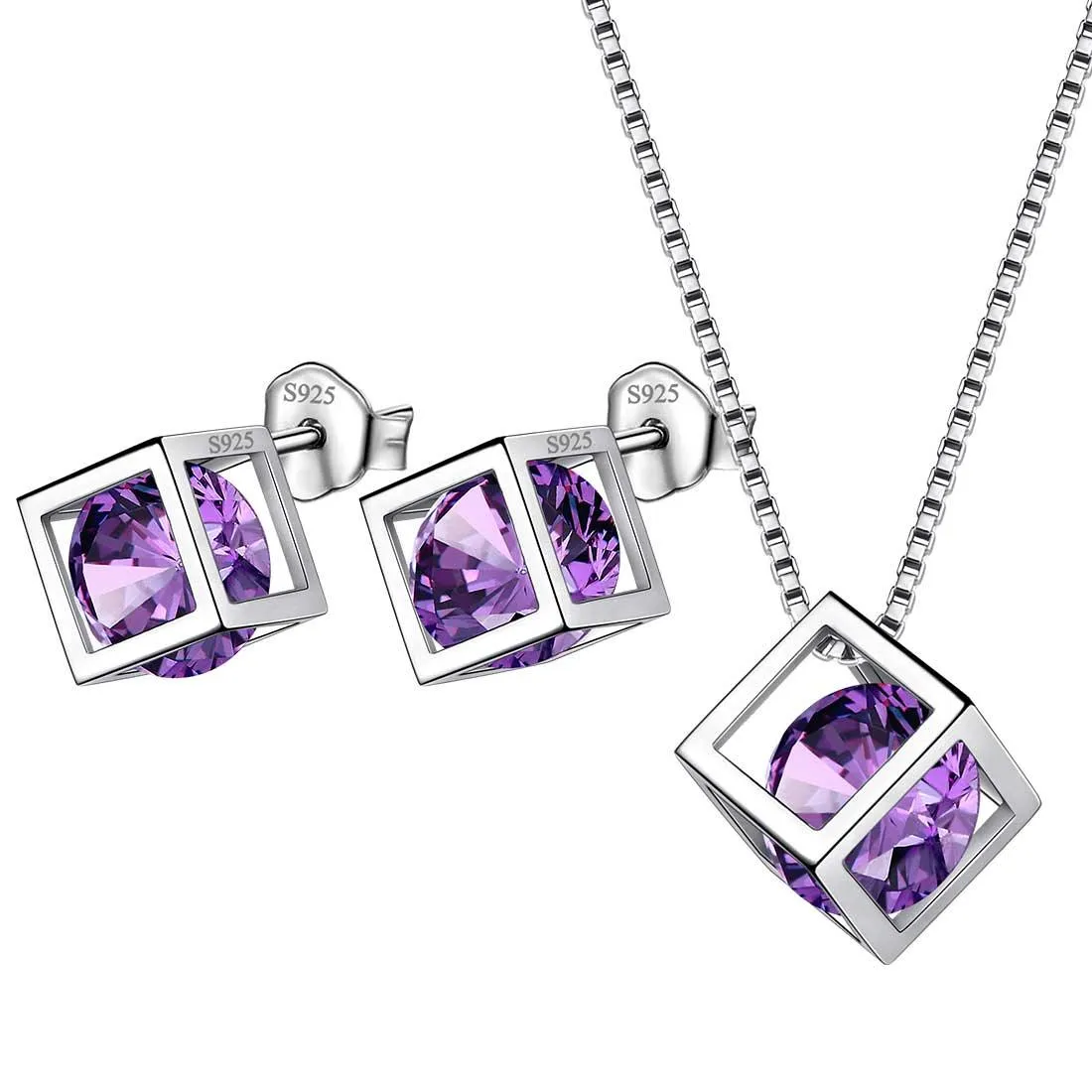 3D Cube Birthstone February Amethyst Jewelry Set 3PCS Women Girls Birthday Gift