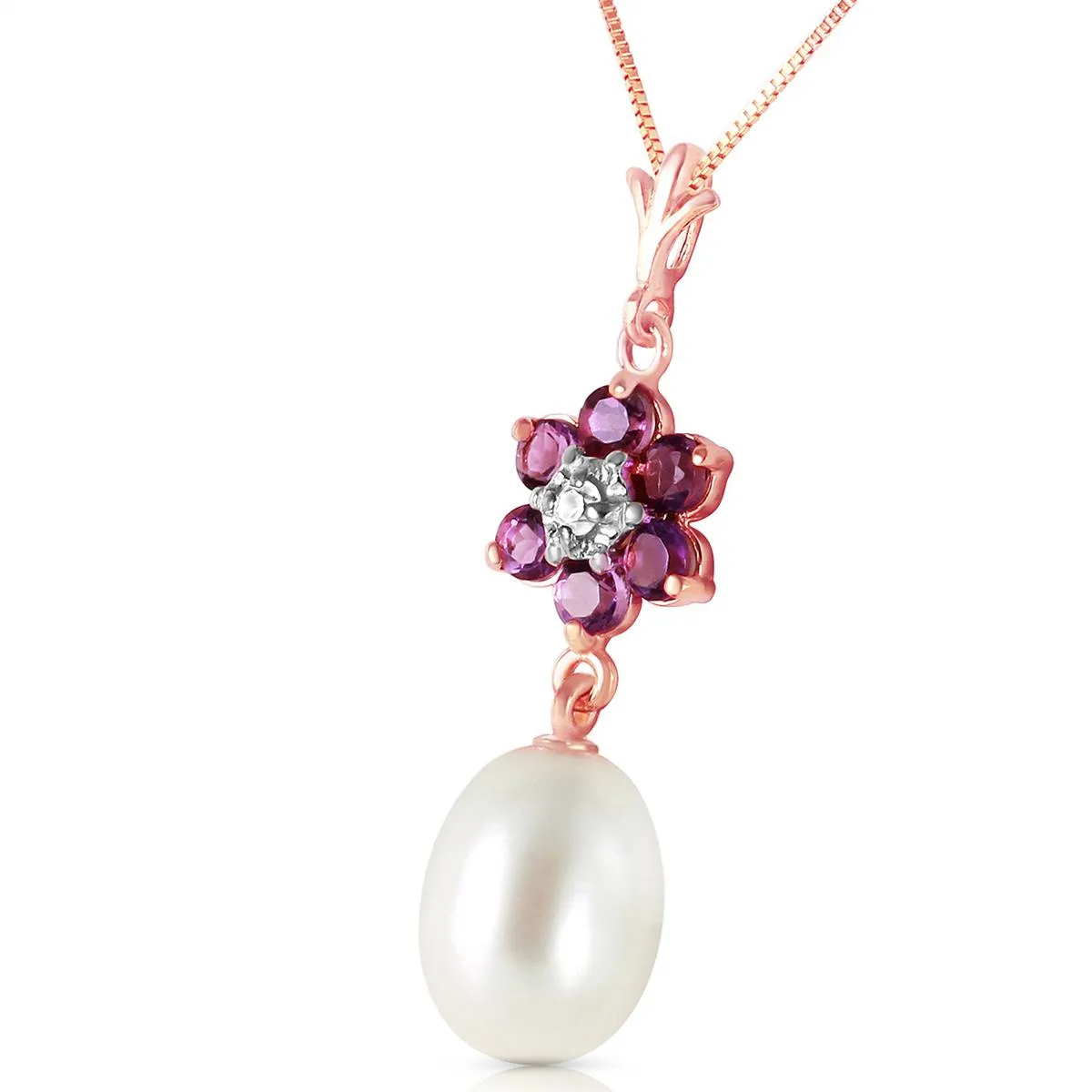 4.53 Carat 14K Solid Rose Gold Necklace Natural Pearl, Amethyst Diamond