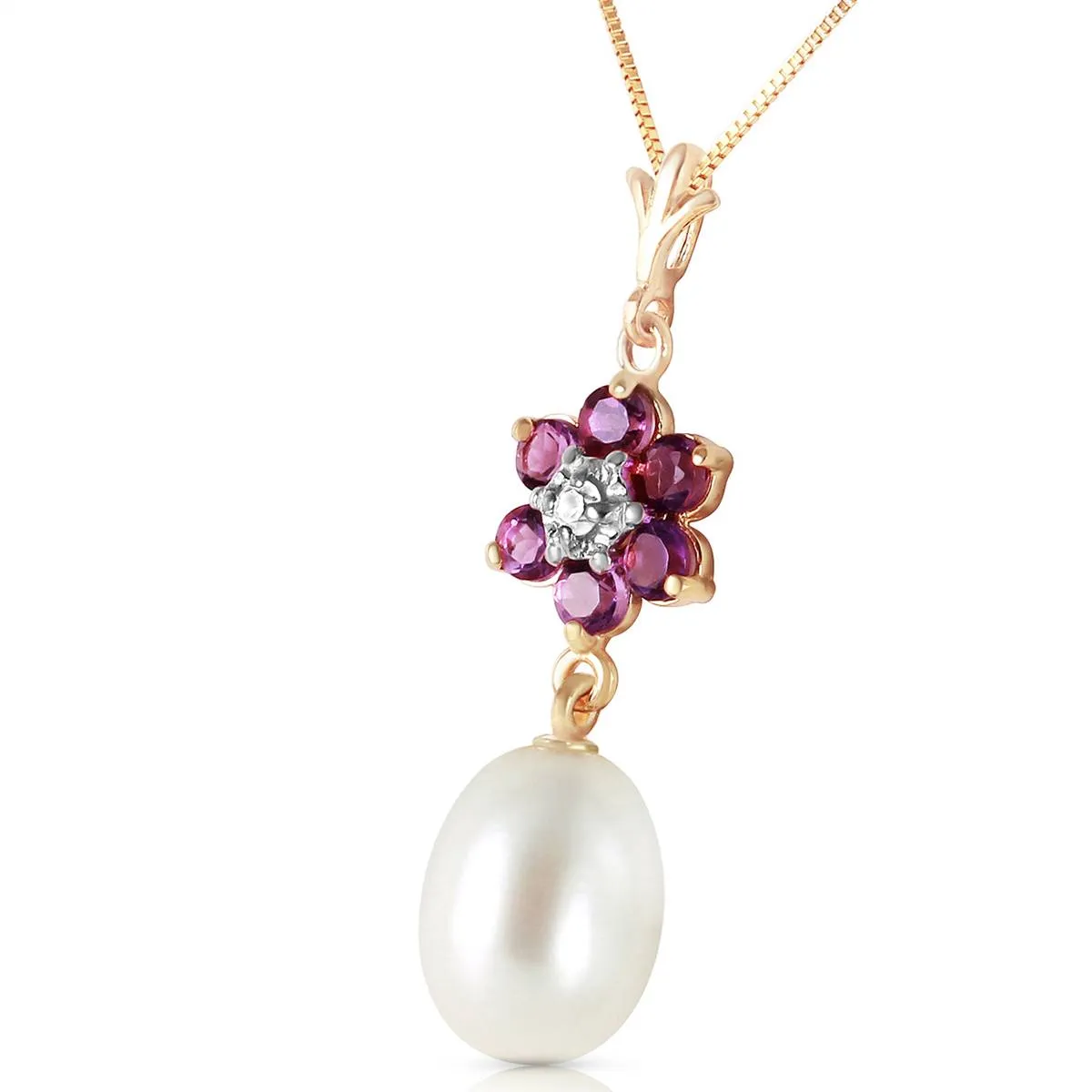 4.53 Carat 14K Solid Yellow Gold Necklace Natural Pearl, Amethyst Diamond