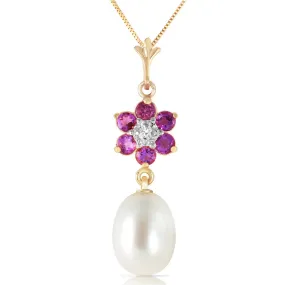 4.53 Carat 14K Solid Yellow Gold Necklace Natural Pearl, Amethyst Diamond