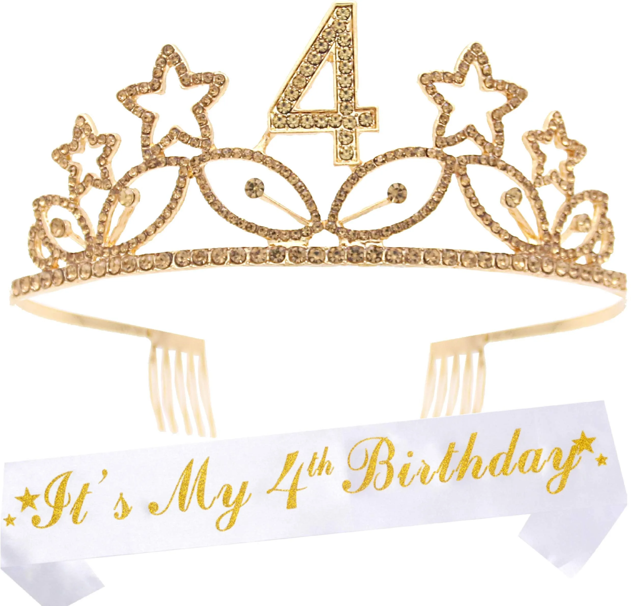 4th Birthday Gifts for Girl, 4th Birthday Tiara and Sash Gold, HAPPY 4th Birthday Party