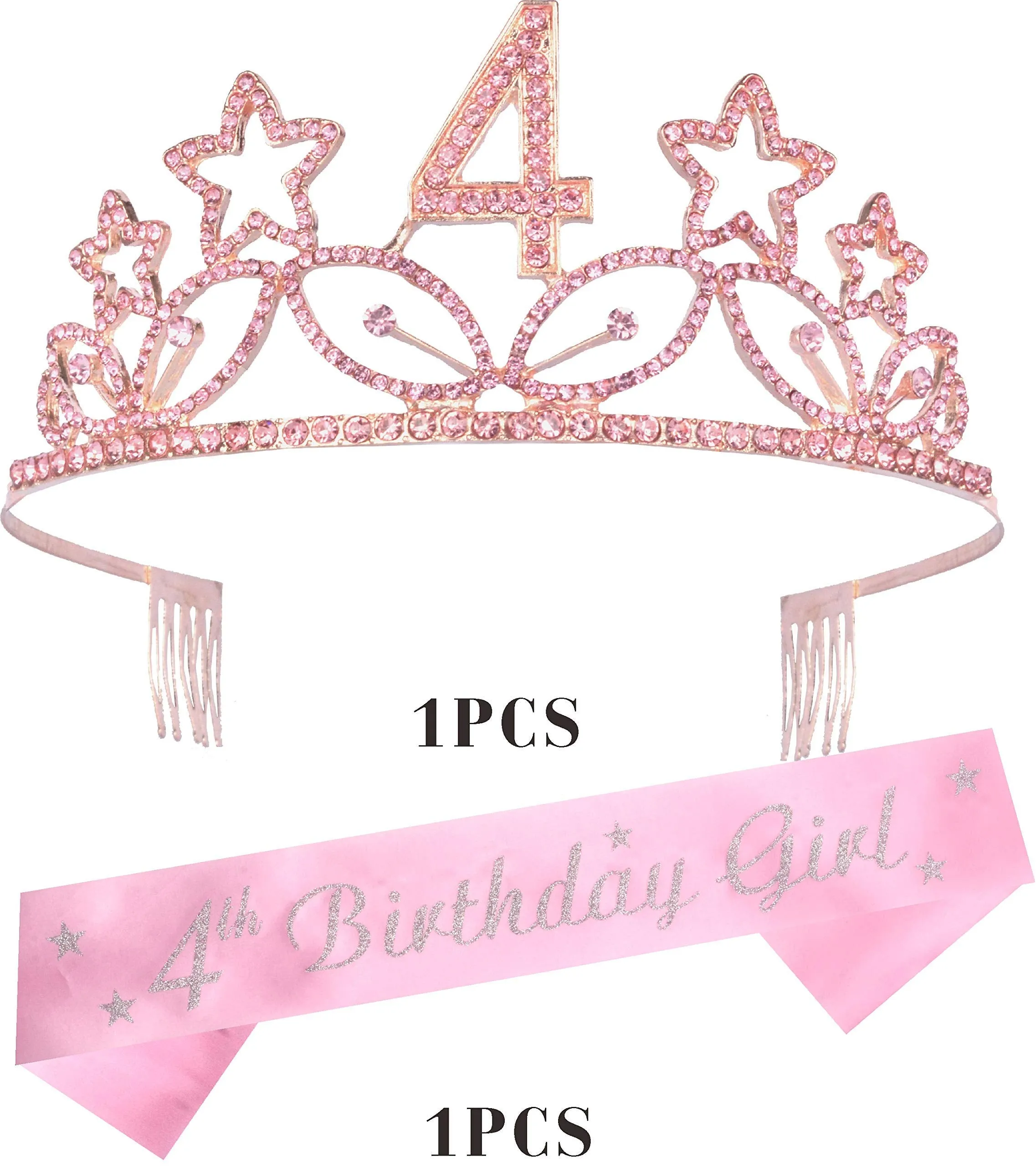 4Th Birthday Gifts For Girl, 4Th Birthday Tiara And Sash Pink, Happy 4Th Birthday Party