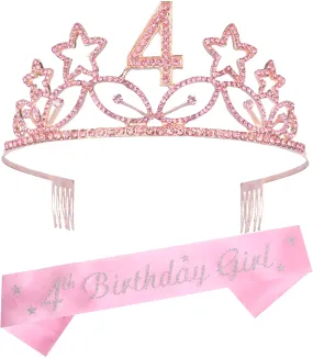 4Th Birthday Gifts For Girl, 4Th Birthday Tiara And Sash Pink, Happy 4Th Birthday Party