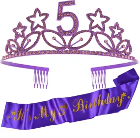 5th Birthday Gifts for Girl, 5th Birthday Tiara and Sash Purple, HAPPY 5th Birthday Party