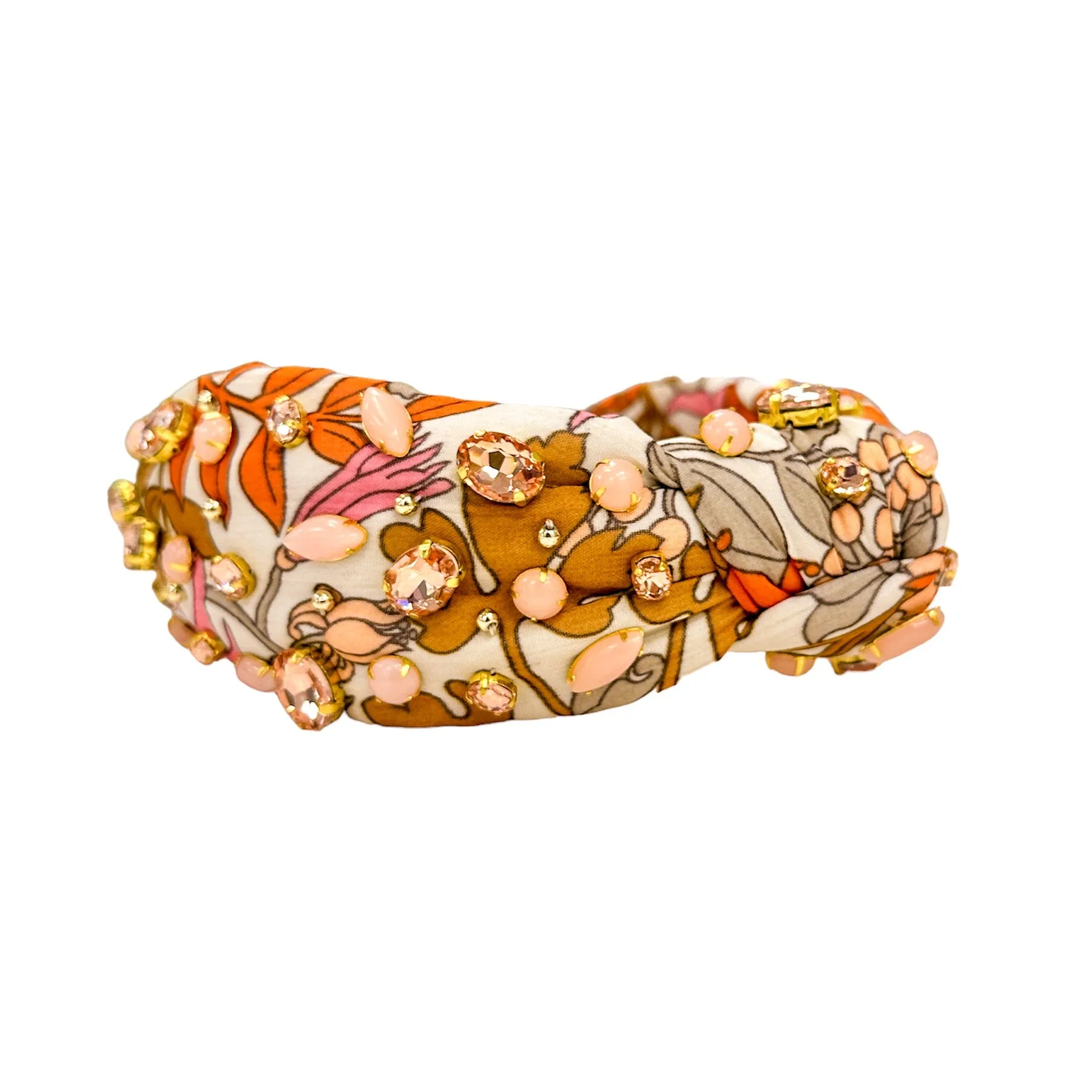 70s Floral Print Orange and Pink Knotted Embellished Headband