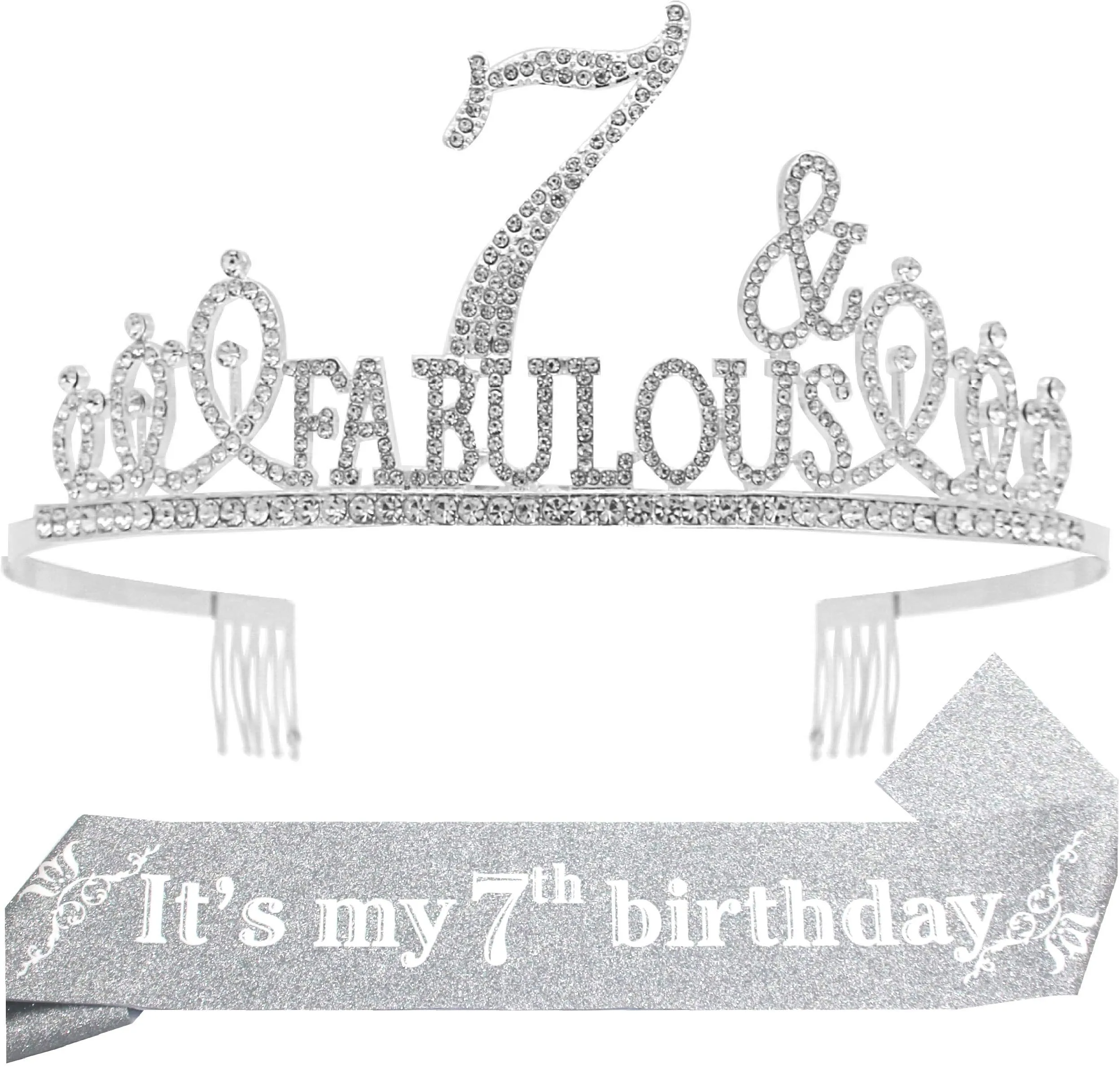 7th Birthday Gifts for Girls,7th Birthday Tiara and Sash Silver,7th Birthday Decorations