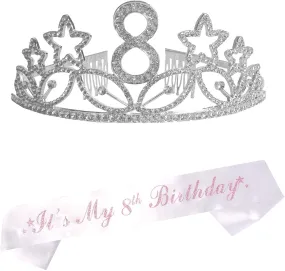 8th Birthday Gifts for Girl, 8th Birthday Tiara and Sash, Happy 8th Birthday Party