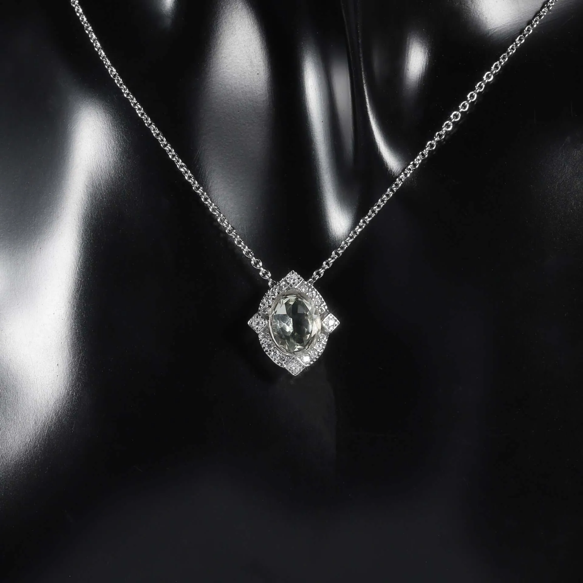 925 Silver Round Green Amethyst Rhombus CZ Diamond Necklace