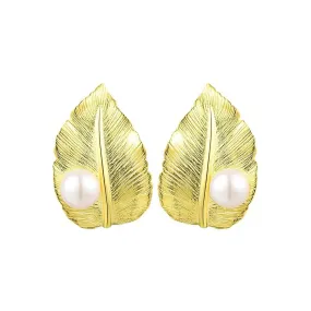 925 Silver Wide Leaf with Pearl Stud Earrings