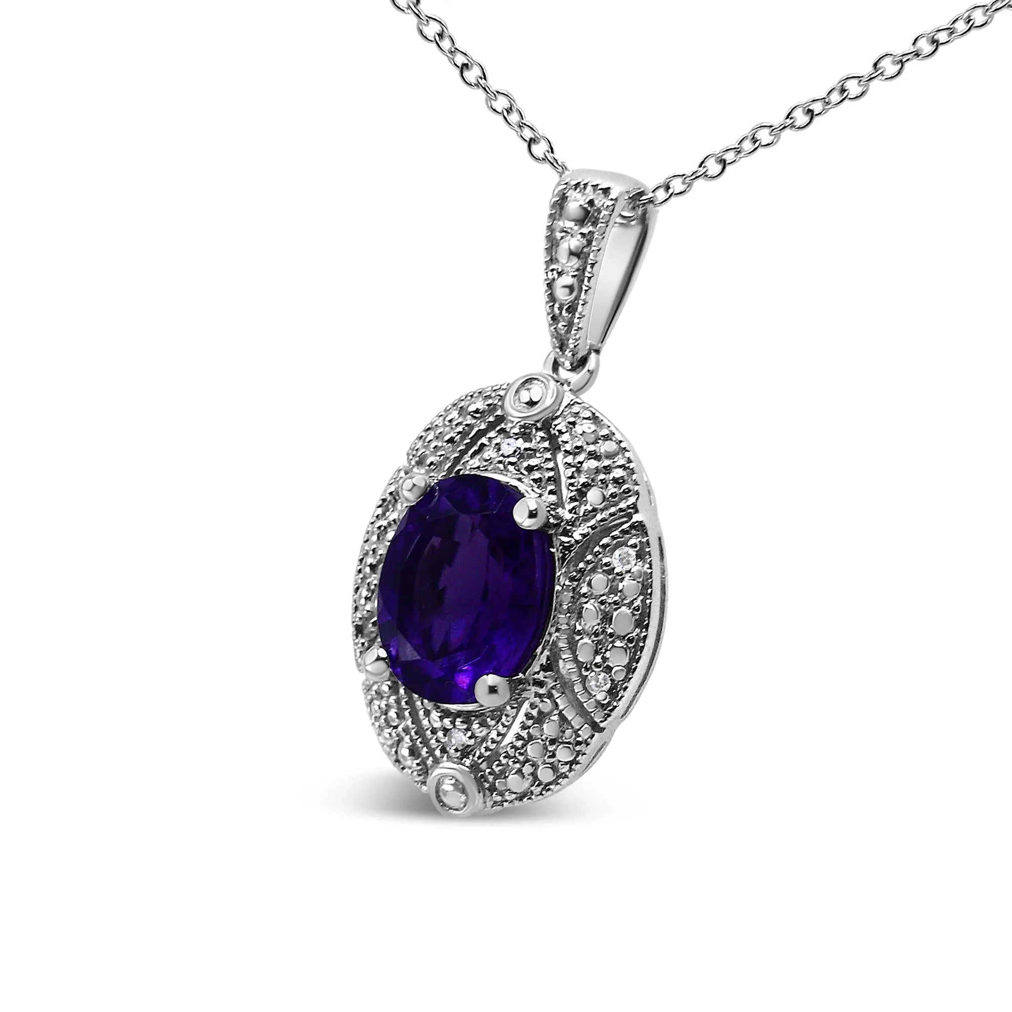 .925 Sterling Silver Diamond Accent and 9x7mm Purple Oval Amethyst Gemstone Pendant 18" Necklace (I-J Color, I1-I2 Clarity) by Haus of Brilliance