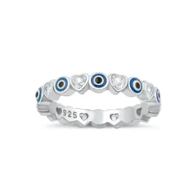 925 Sterling Silver Evil Eye Eternity Ring with Cubic Zirconia & Enamel.  Middle Eastern, Egyptian Inspired, Eye Jewelry