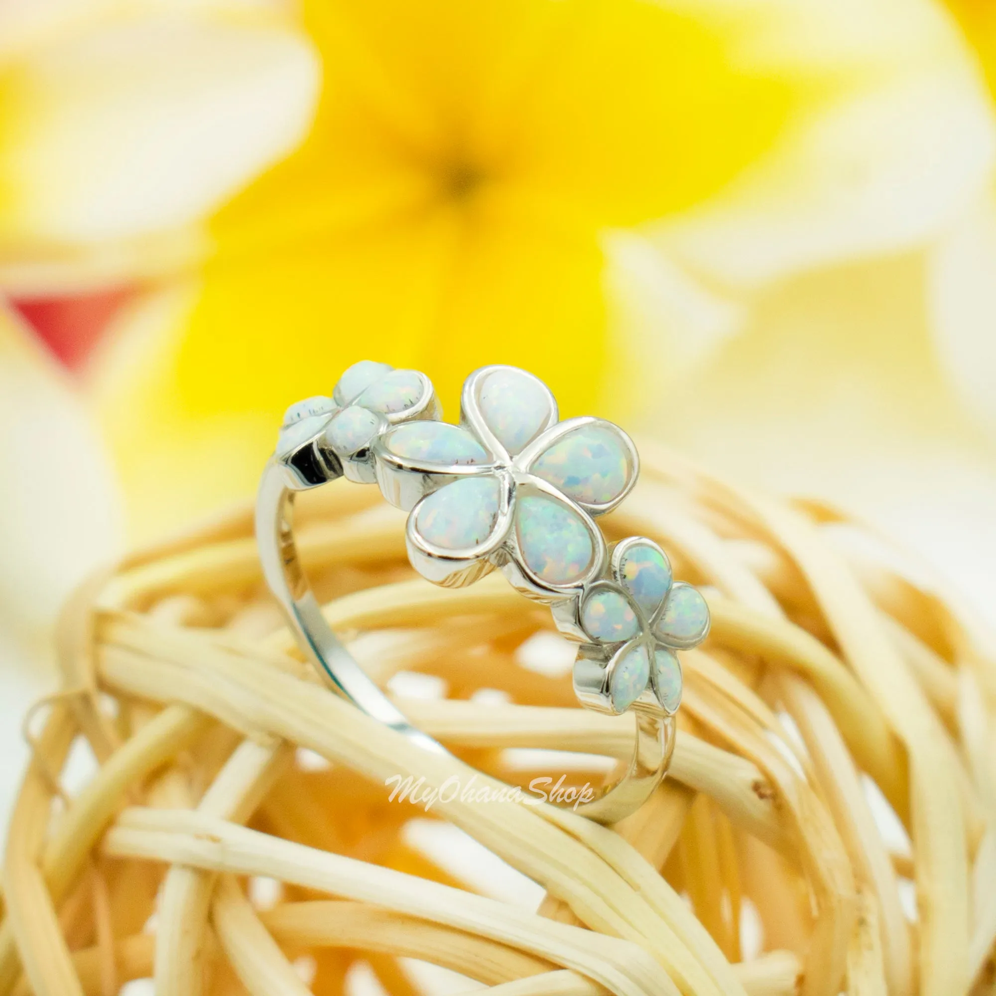 925 Sterling Silver Hawaiian Plumerias Ring For Women. Royal, Elegant, White or Blue Opal Flowers Cluster Wedding, Pinky, Statement Ring.