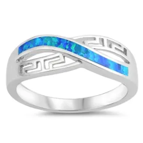 925 Sterling Silver Infinity Ring With Greek Key Design, Blue Opal Inlay