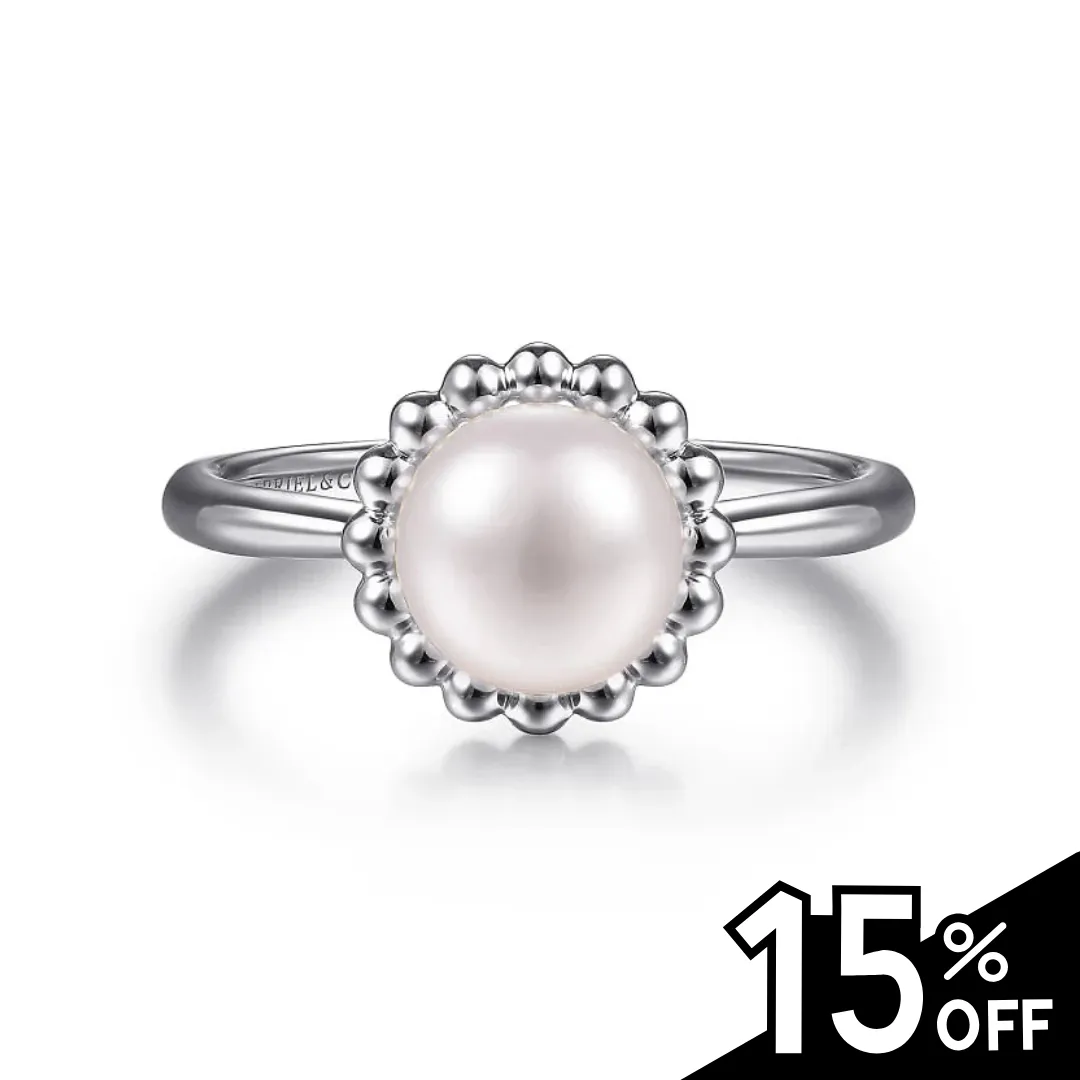 925 Sterling Silver Pearl Ring with Bujukan Beaded Halo