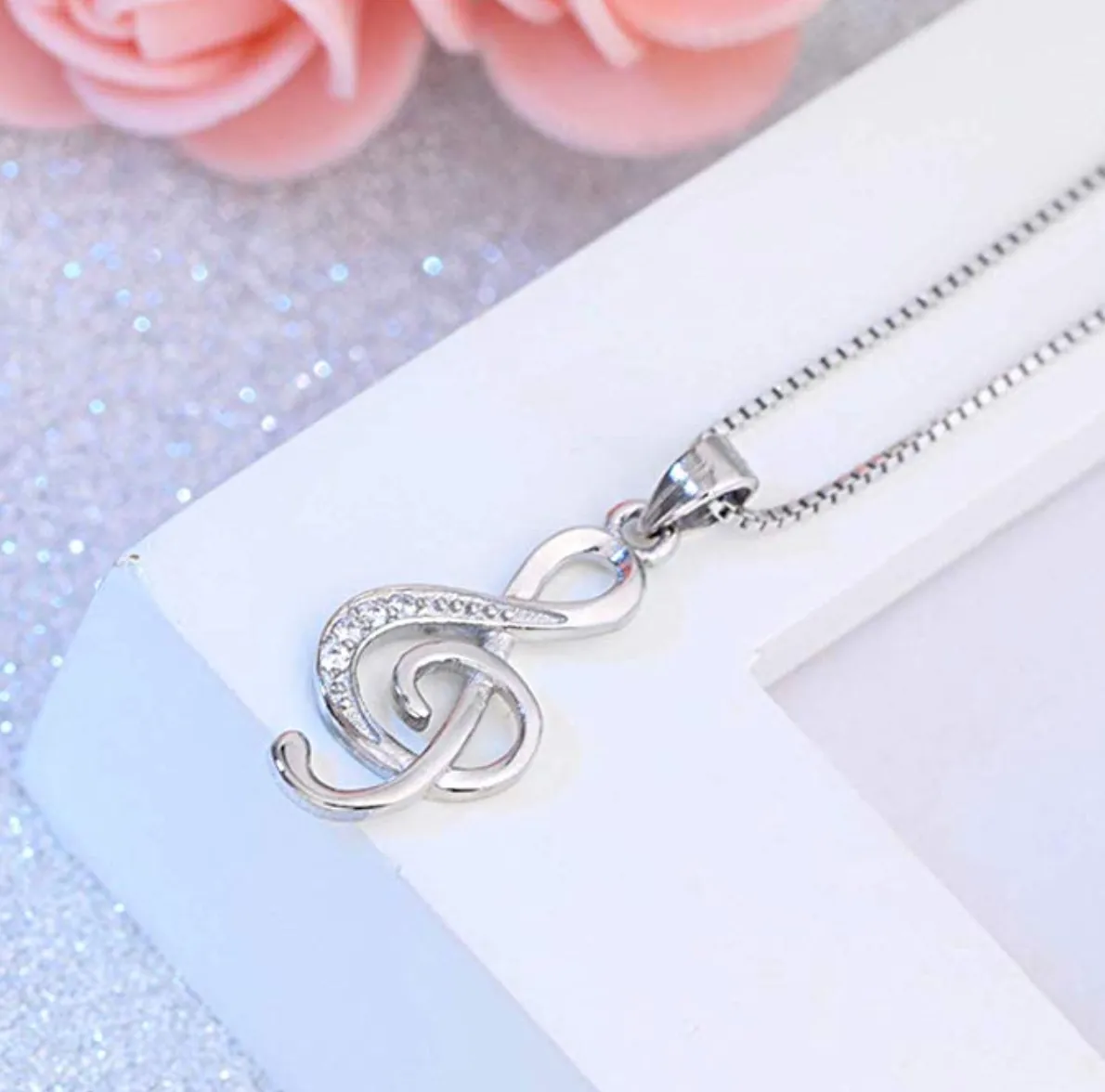 925 Sterling Silver Treble Clef Note Necklace Simulated Diamond Music Note Charm Musician Jewelry Singer Gift 18in.