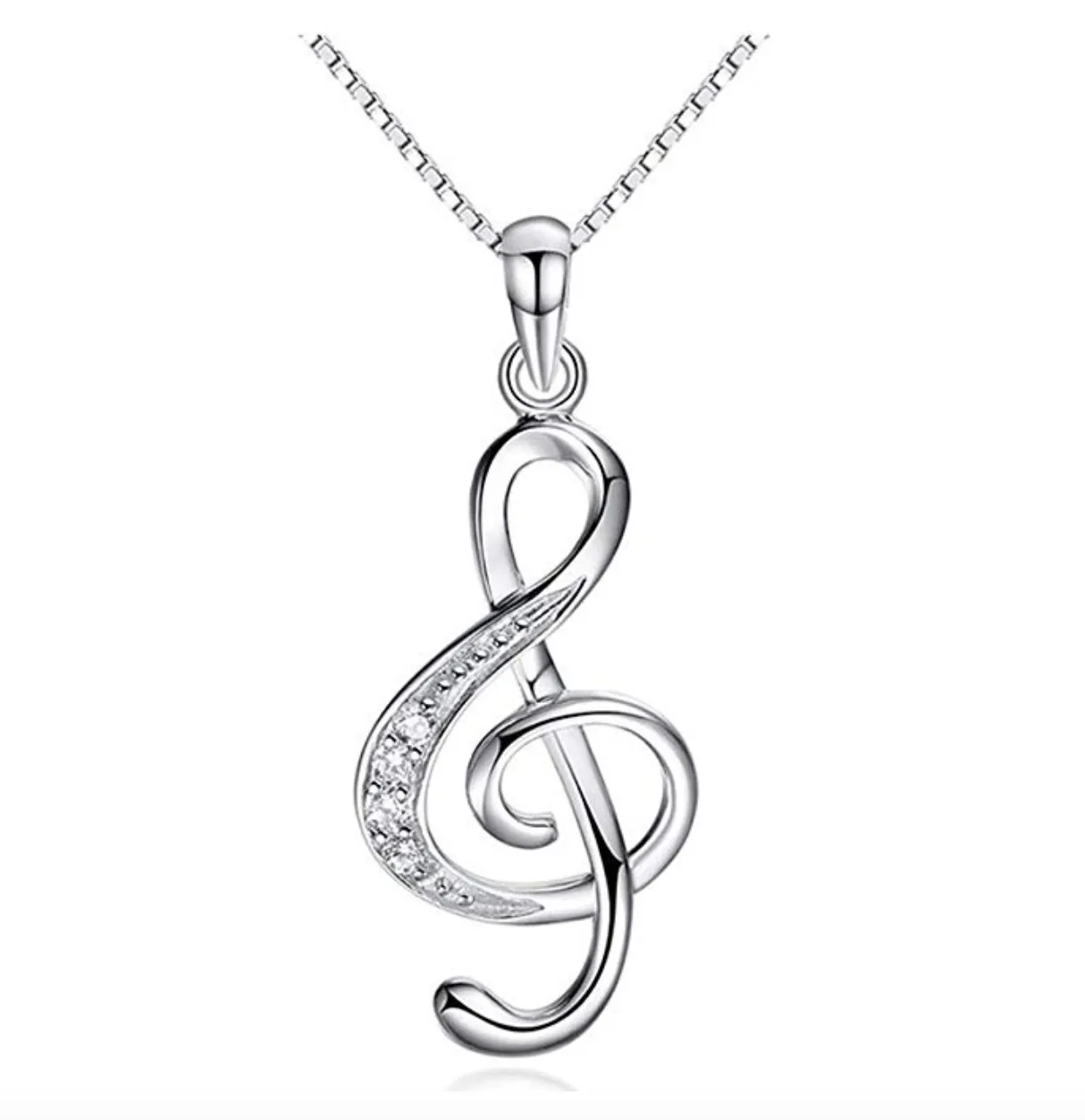 925 Sterling Silver Treble Clef Note Necklace Simulated Diamond Music Note Charm Musician Jewelry Singer Gift 18in.