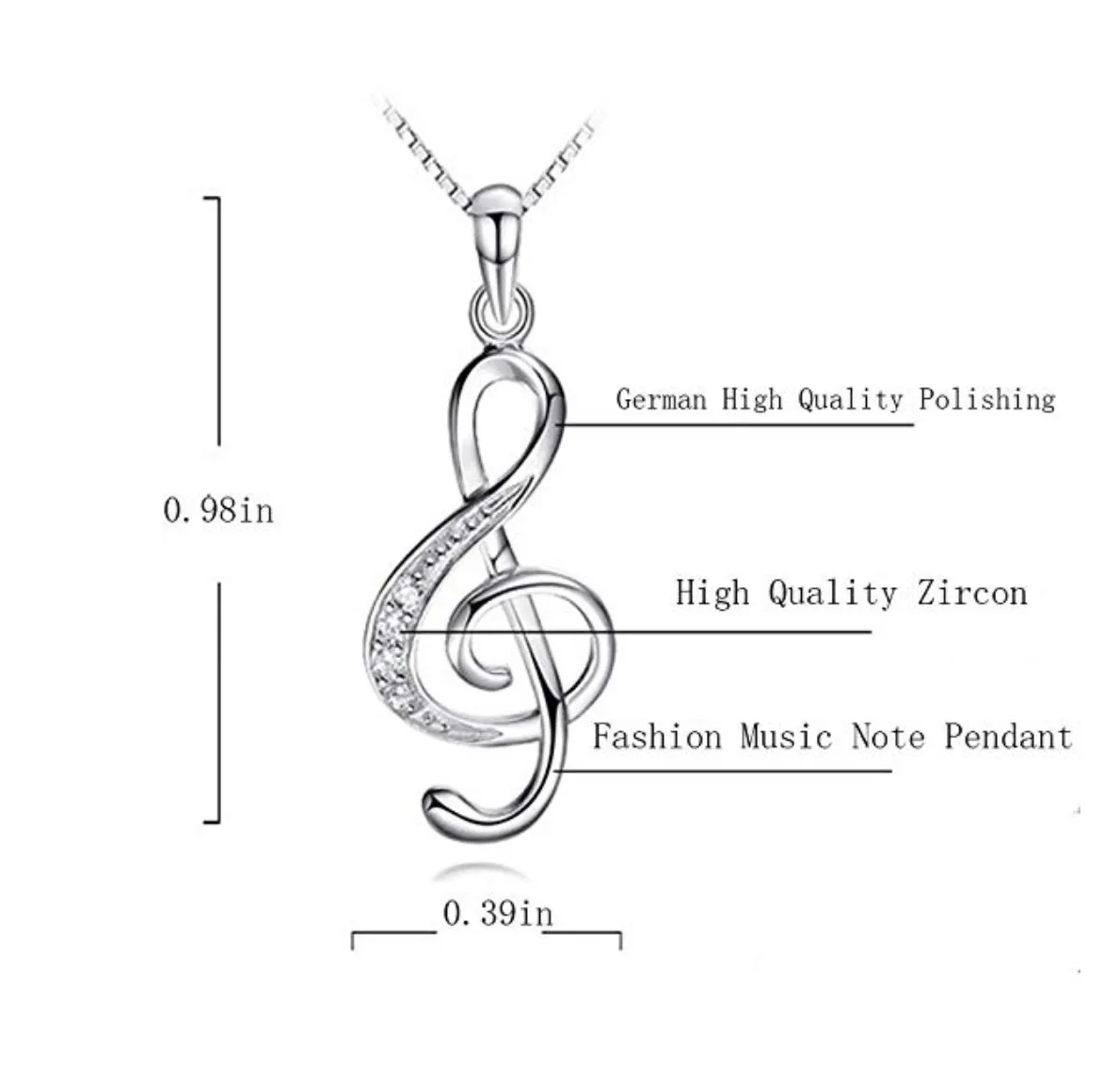 925 Sterling Silver Treble Clef Note Necklace Simulated Diamond Music Note Charm Musician Jewelry Singer Gift 18in.