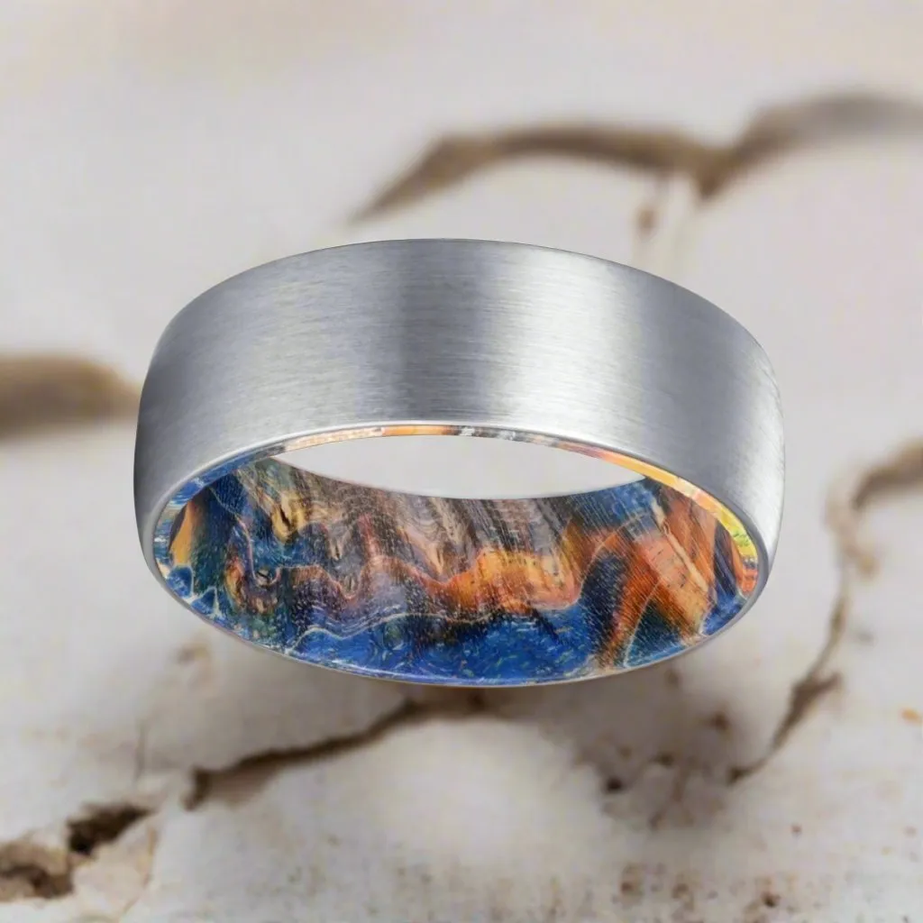 ACE | Blue & Yellow/Orange Wood, Silver Tungsten Ring, Brushed, Domed