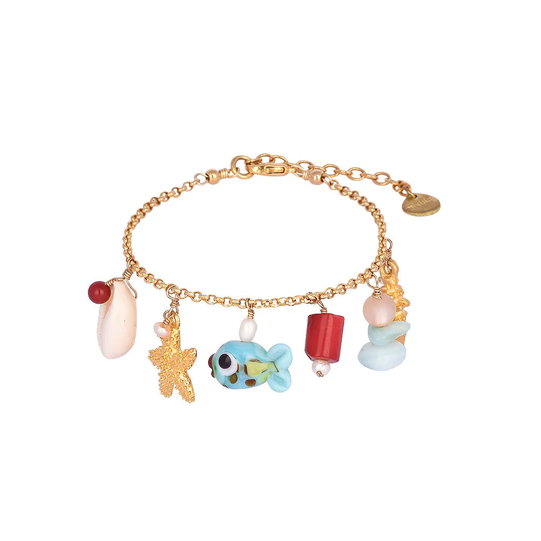 Adjustable bracelet with gold plated sea charms