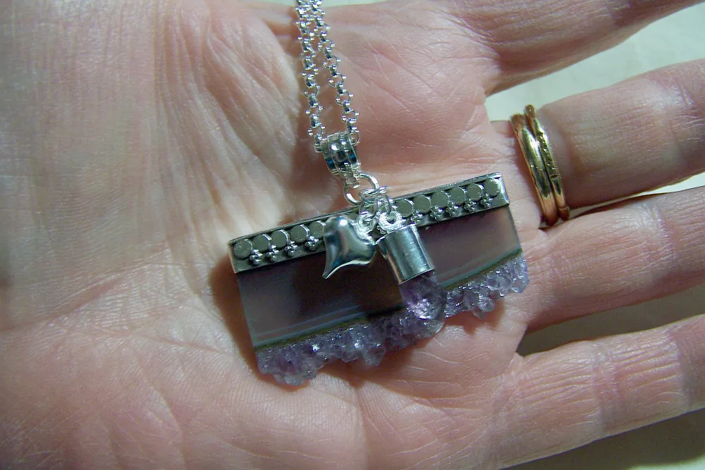 Amethyst and Fluorite Geode Druzy Slice Sterling Silver Pendant