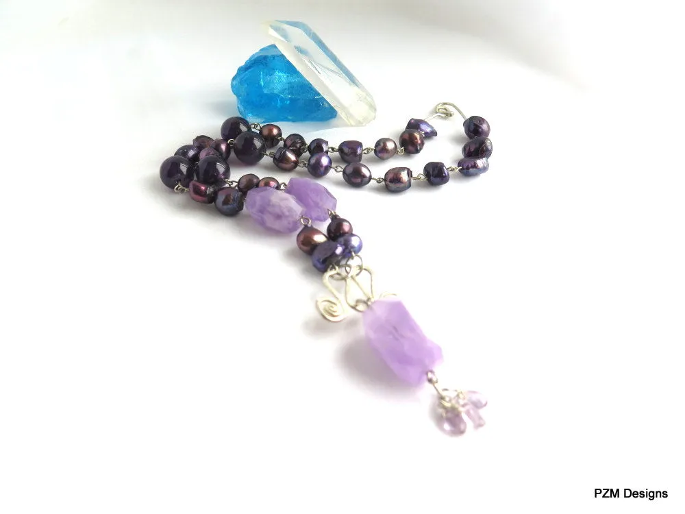 Amethyst and Pearl  Statement Handmade Necklace, birthstone gift for her